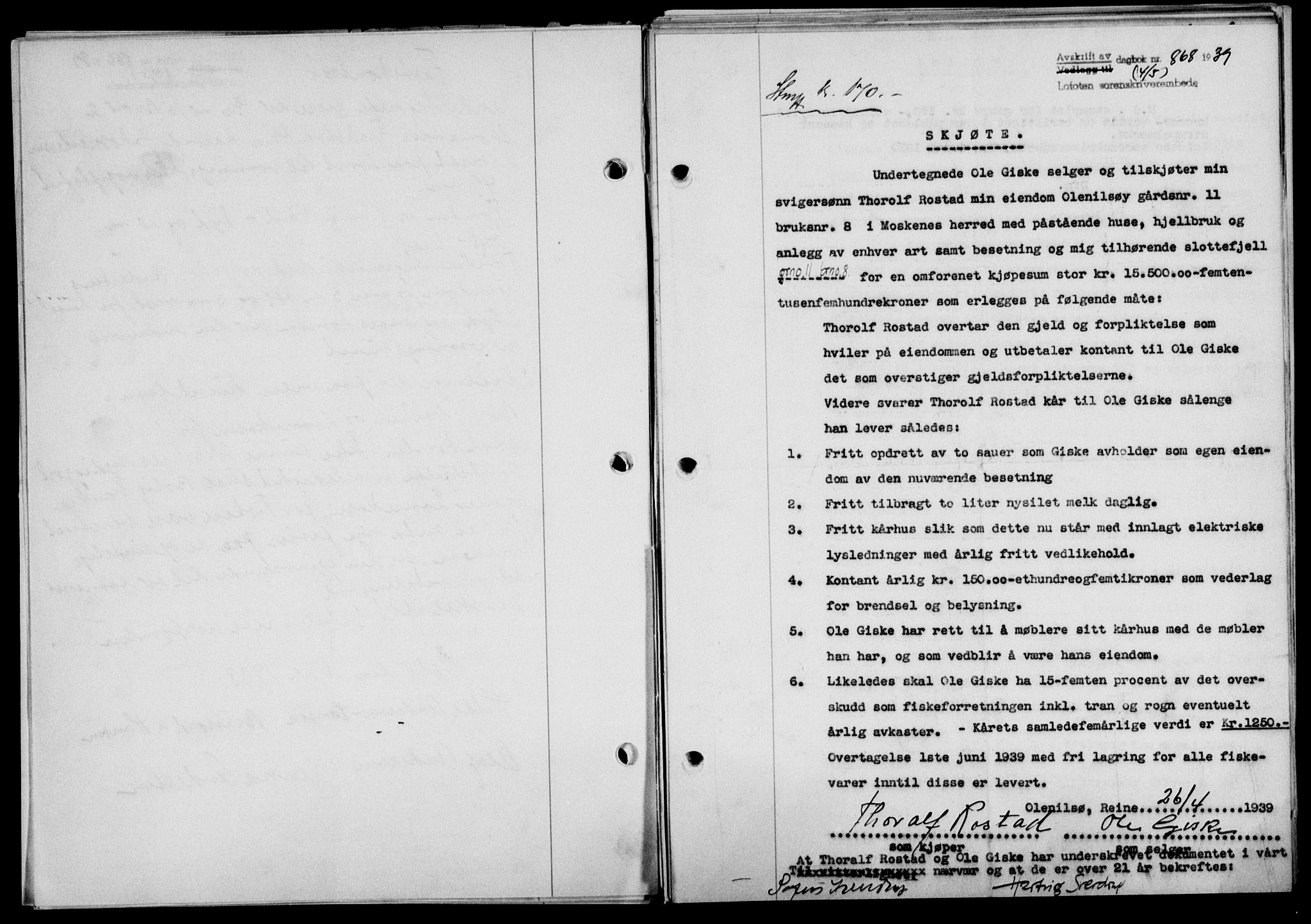 Lofoten sorenskriveri, SAT/A-0017/1/2/2C/L0005a: Mortgage book no. 5a, 1939-1939, Diary no: : 868/1939