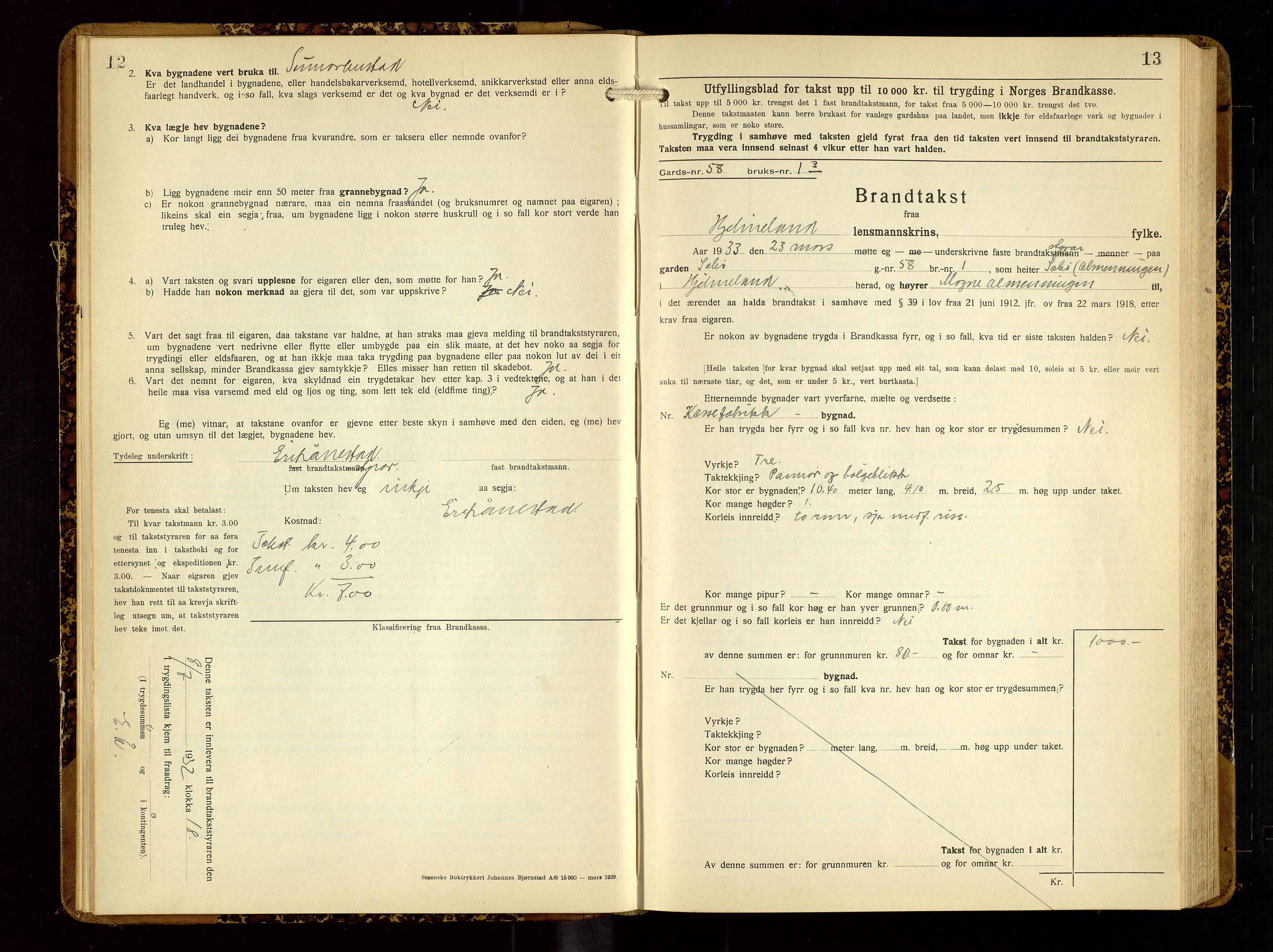 Hjelmeland lensmannskontor, SAST/A-100439/Gob/L0003: "Brandtakstbok", 1932-1950, p. 12-13