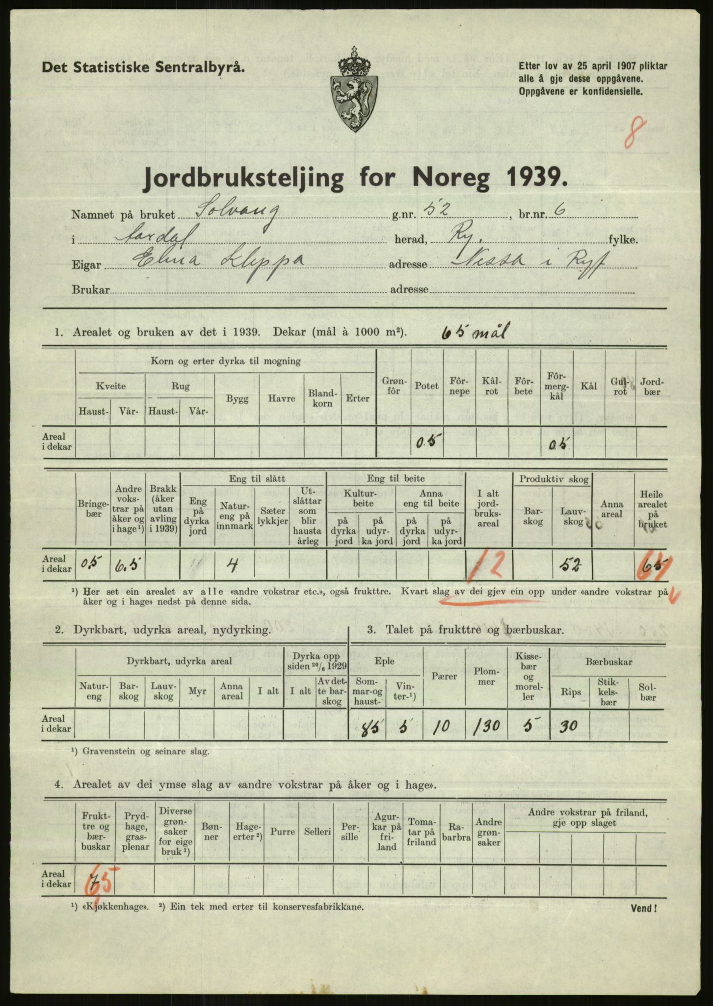 Statistisk sentralbyrå, Næringsøkonomiske emner, Jordbruk, skogbruk, jakt, fiske og fangst, AV/RA-S-2234/G/Gb/L0184: Rogaland: Årdal, Fister og Hjelmeland, 1939, p. 487