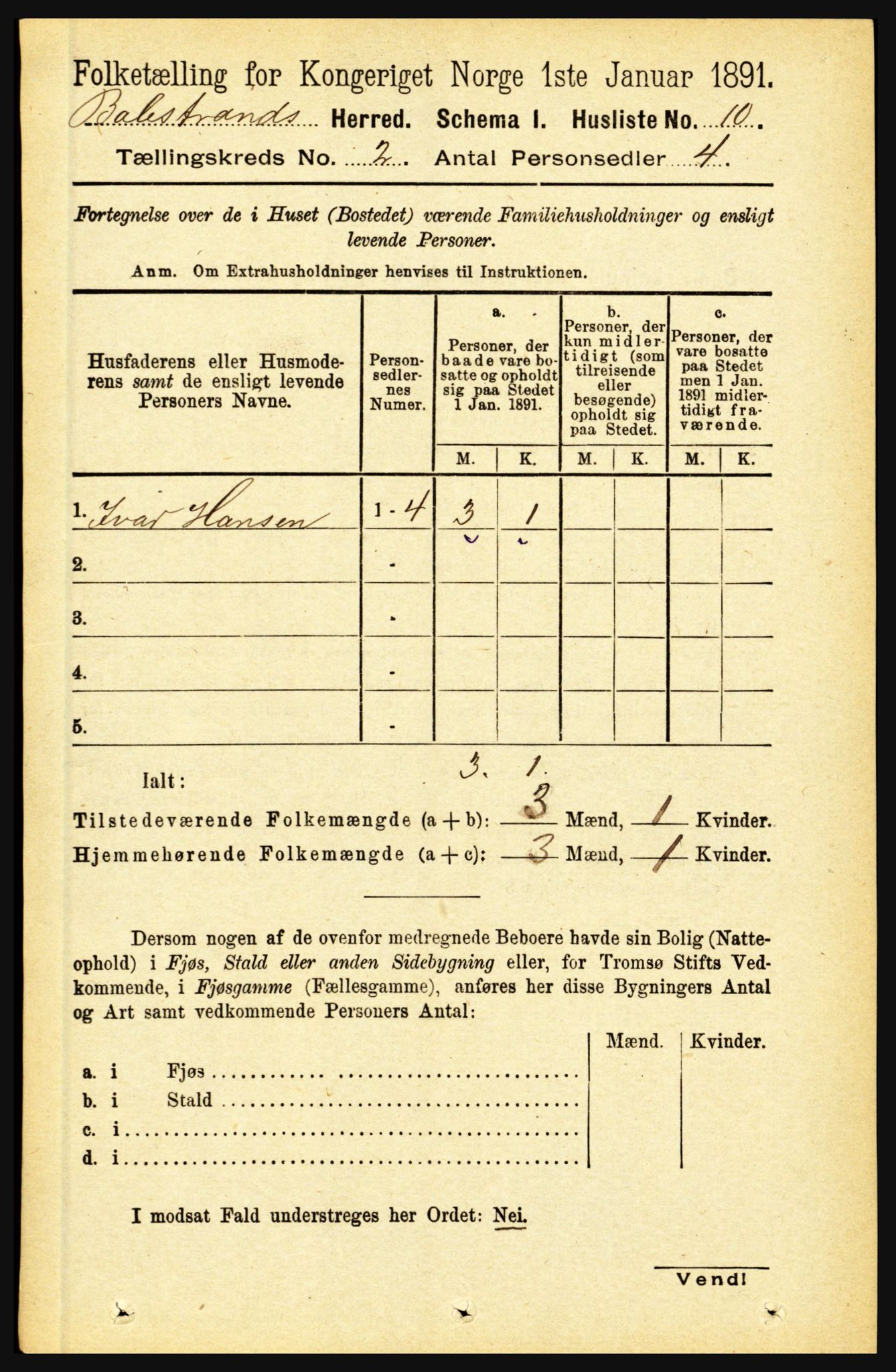 RA, 1891 census for 1418 Balestrand, 1891, p. 231