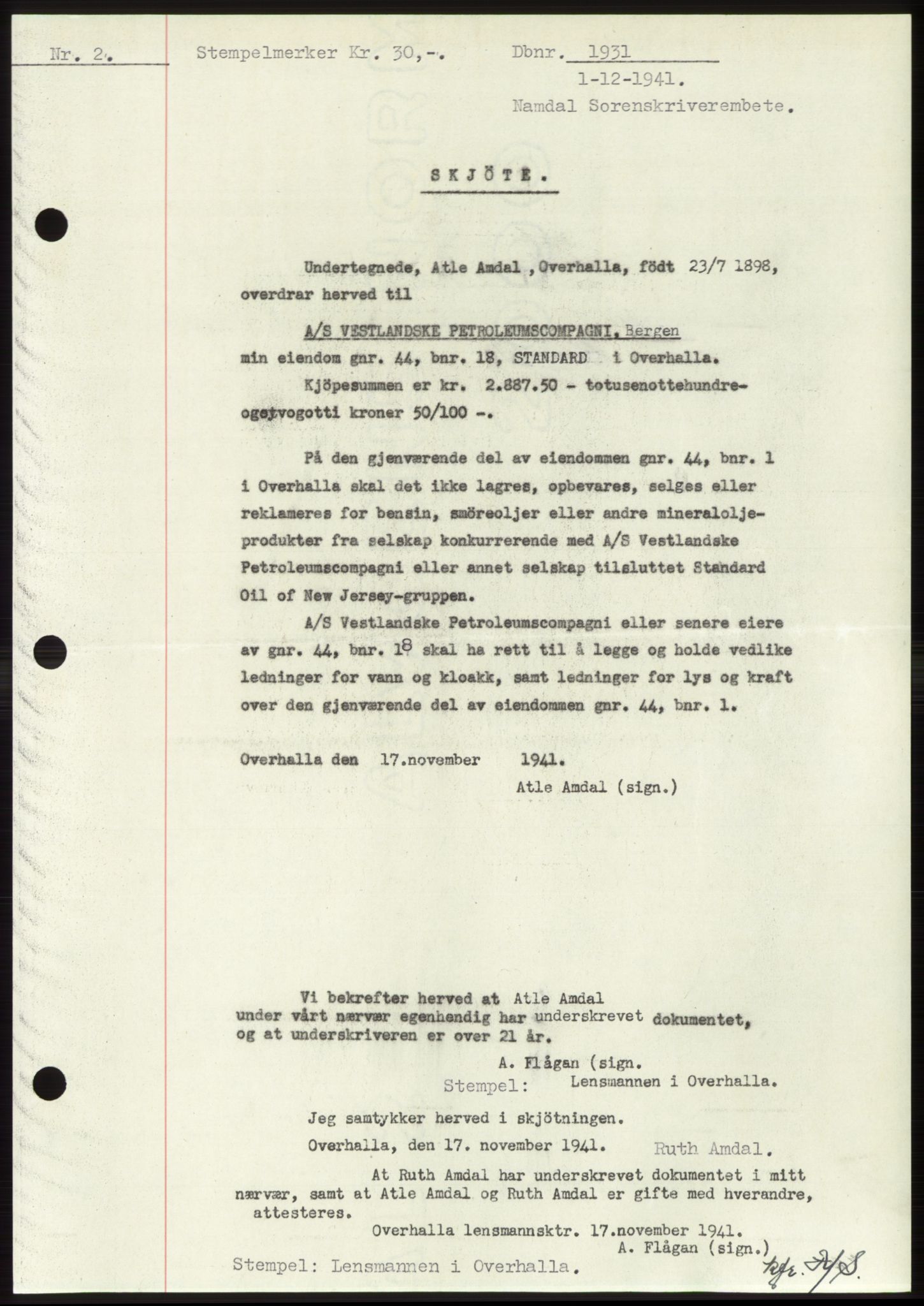 Namdal sorenskriveri, SAT/A-4133/1/2/2C: Mortgage book no. -, 1941-1942, Diary no: : 1931/1941