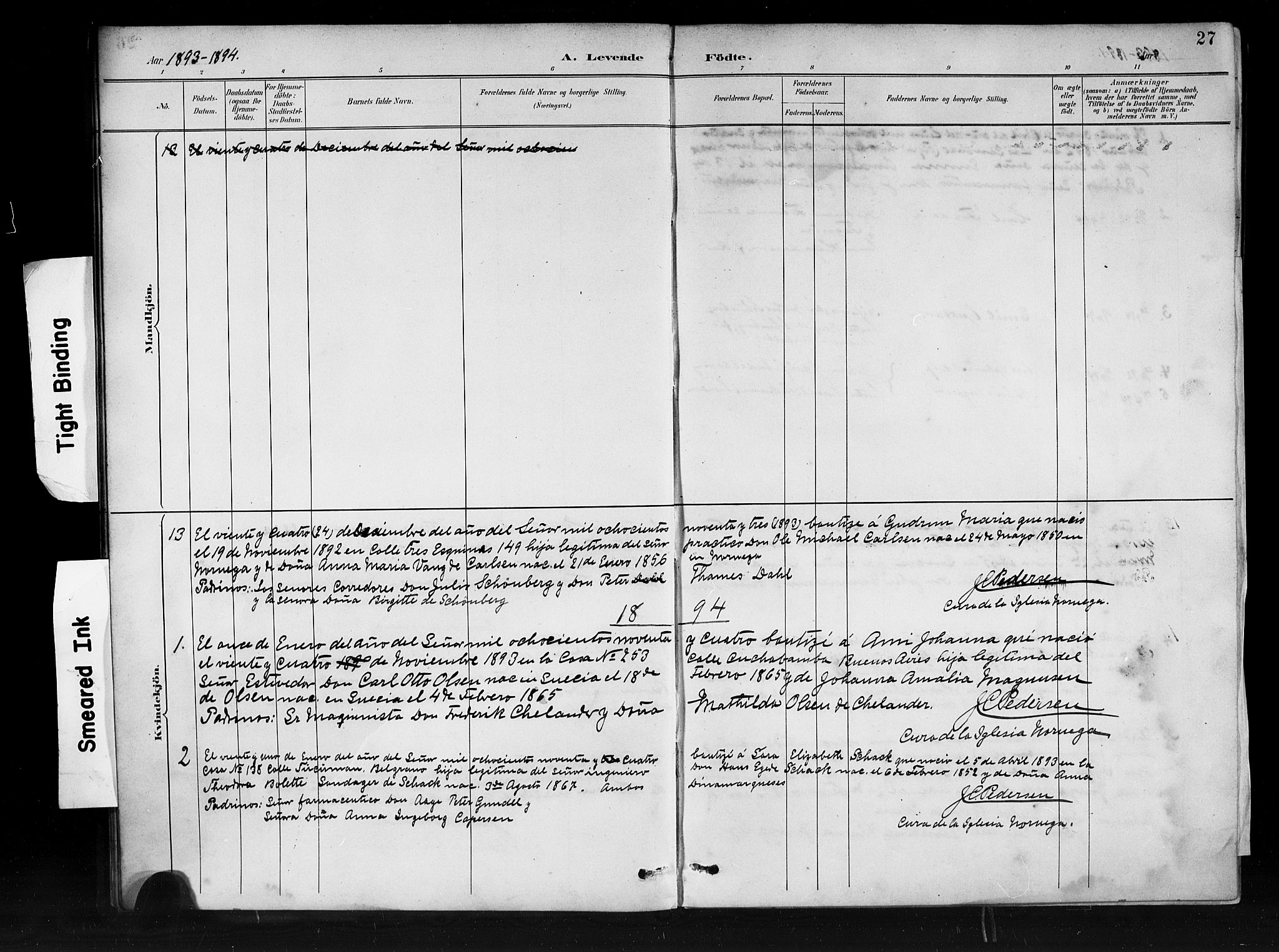 Den norske sjømannsmisjon i utlandet/Syd-Amerika (Buenos Aires m.fl.), SAB/SAB/PA-0118/H/Ha/L0001: Parish register (official) no. A 1, 1888-1898, p. 27