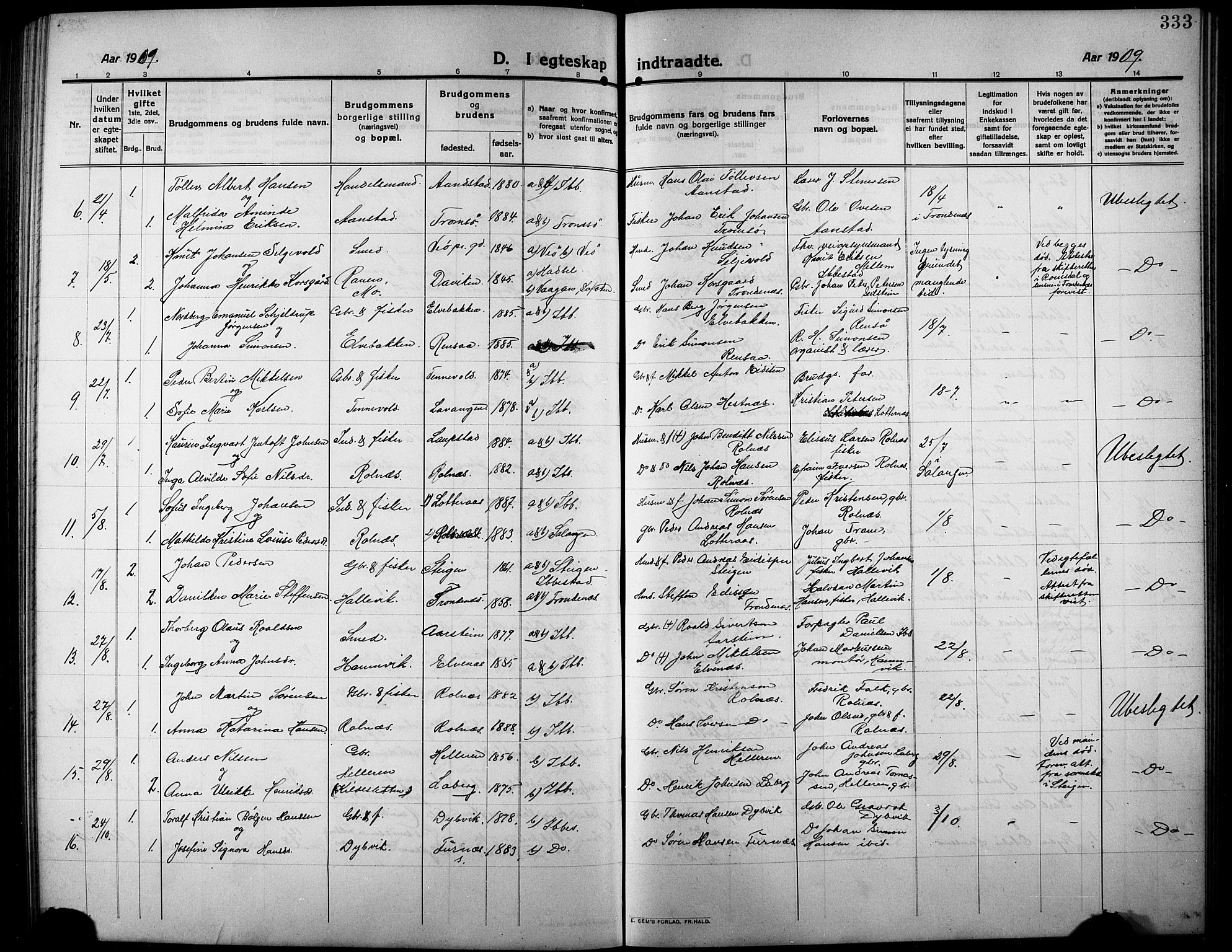 Ibestad sokneprestembete, SATØ/S-0077/H/Ha/Hab/L0009klokker: Parish register (copy) no. 9, 1902-1914, p. 333