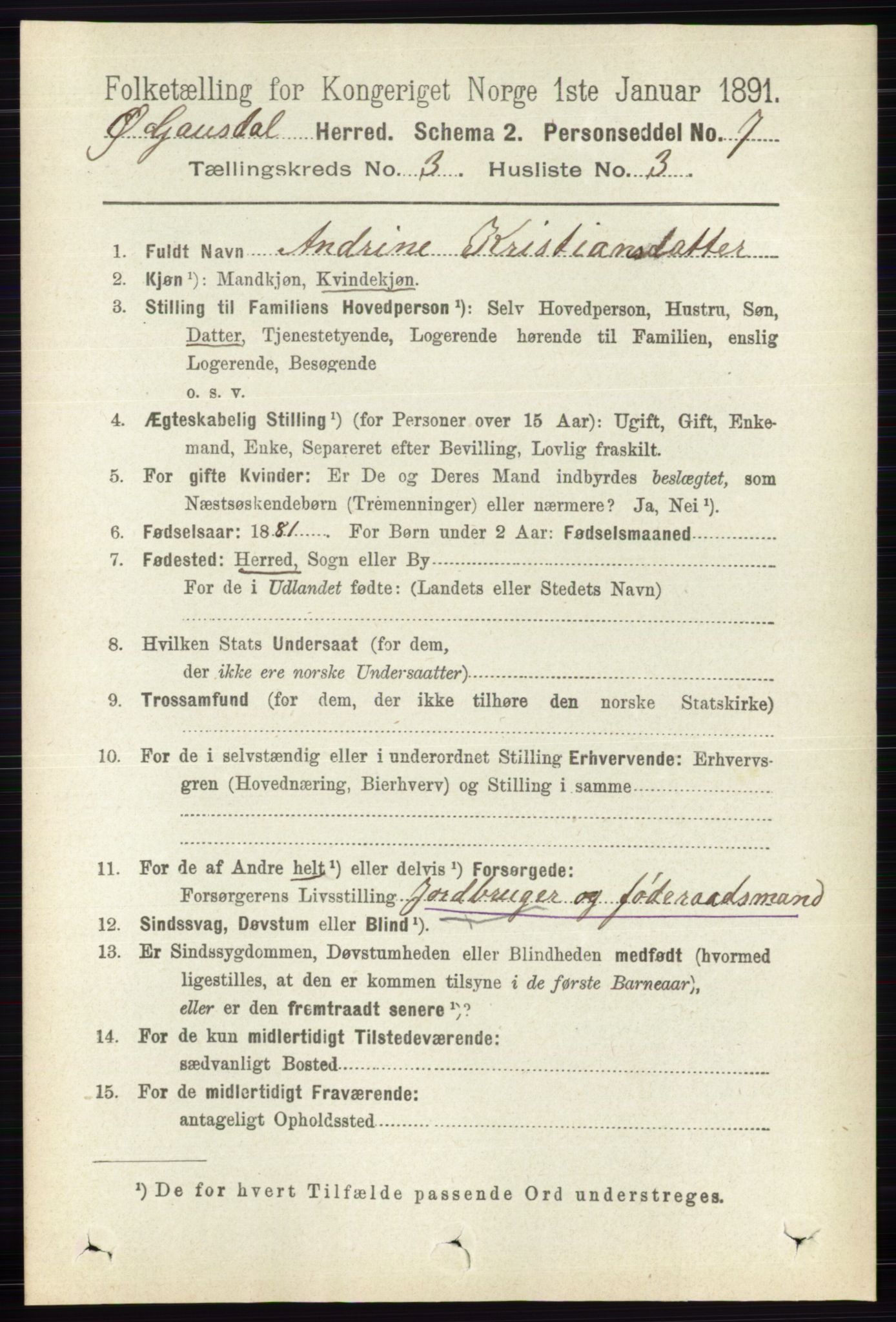 RA, 1891 census for 0522 Østre Gausdal, 1891, p. 1737