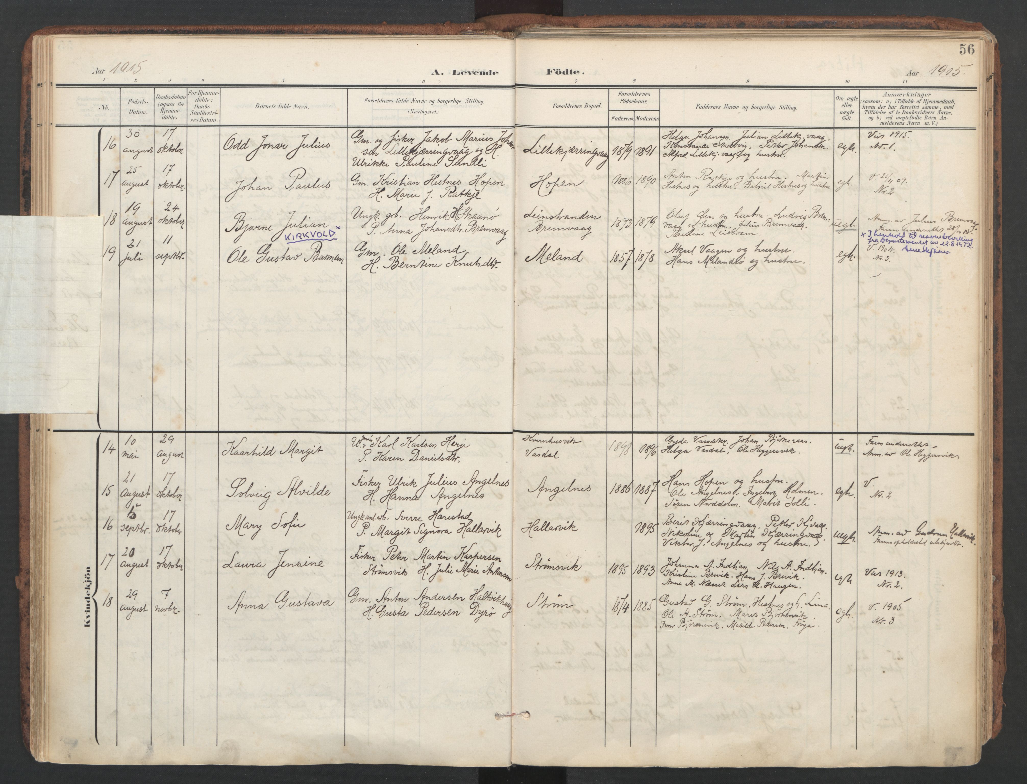 Ministerialprotokoller, klokkerbøker og fødselsregistre - Sør-Trøndelag, SAT/A-1456/634/L0537: Parish register (official) no. 634A13, 1896-1922, p. 56