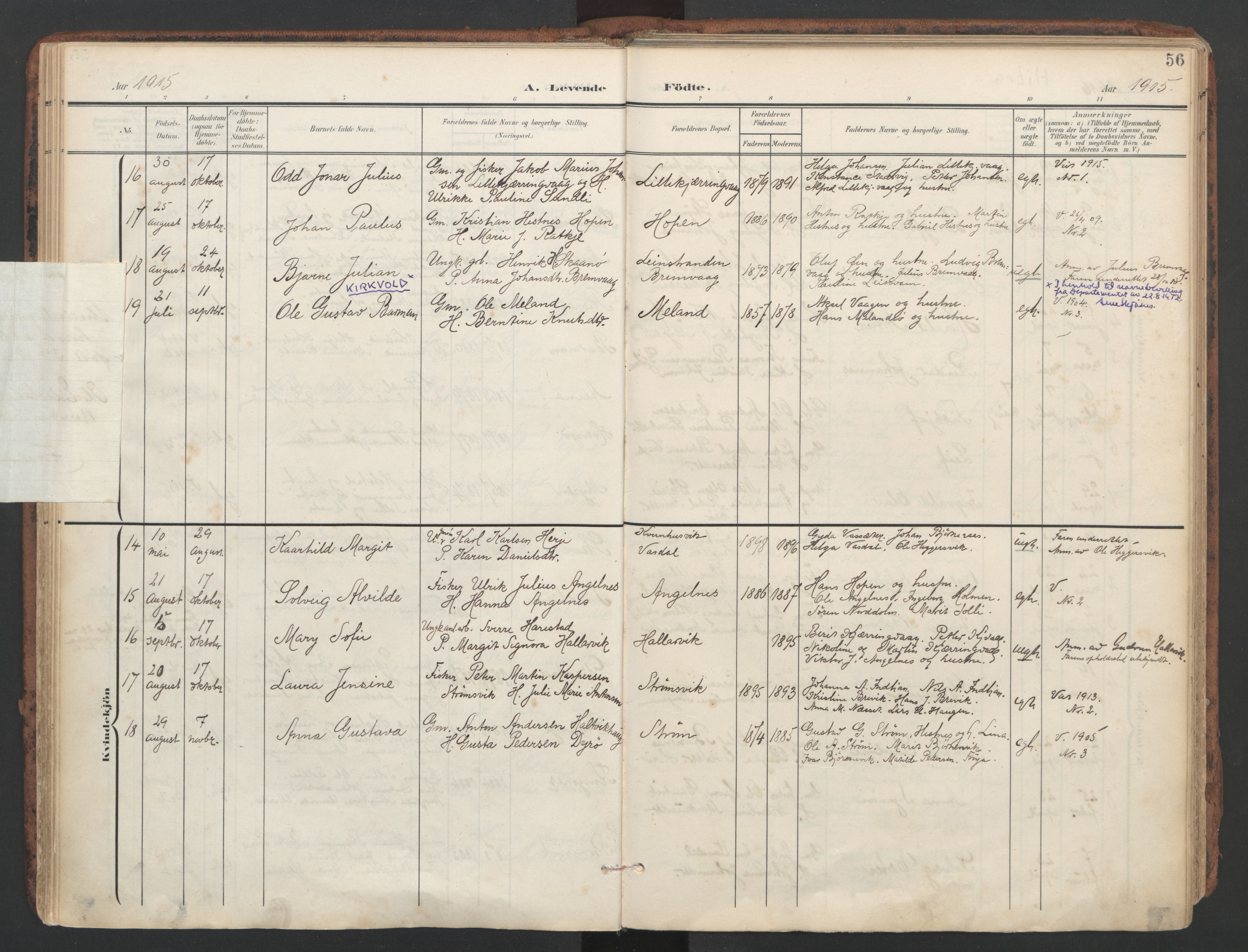 Ministerialprotokoller, klokkerbøker og fødselsregistre - Sør-Trøndelag, AV/SAT-A-1456/634/L0537: Parish register (official) no. 634A13, 1896-1922, p. 56
