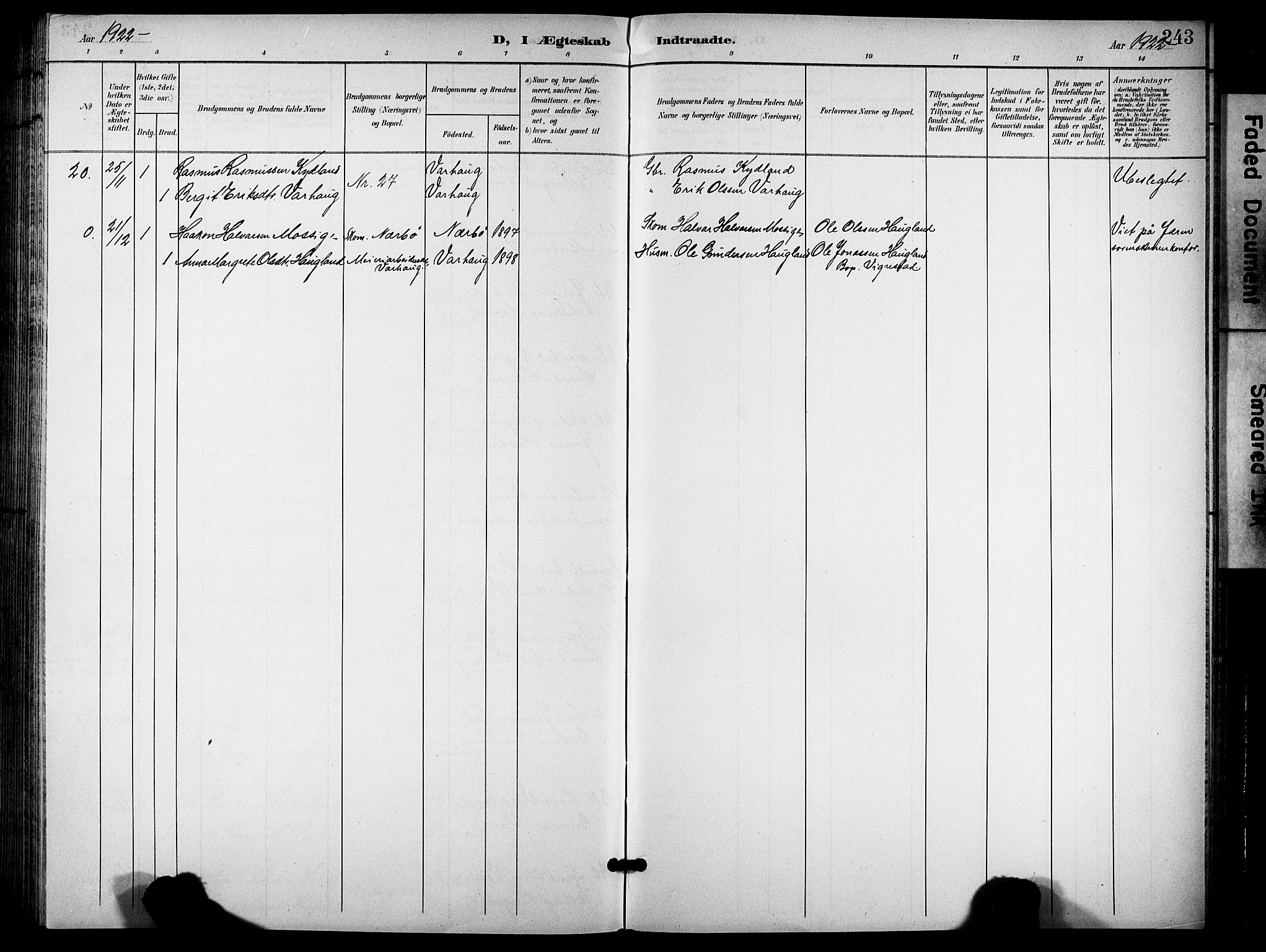 Hå sokneprestkontor, AV/SAST-A-101801/001/30BB/L0006: Parish register (copy) no. B 6, 1900-1924, p. 243