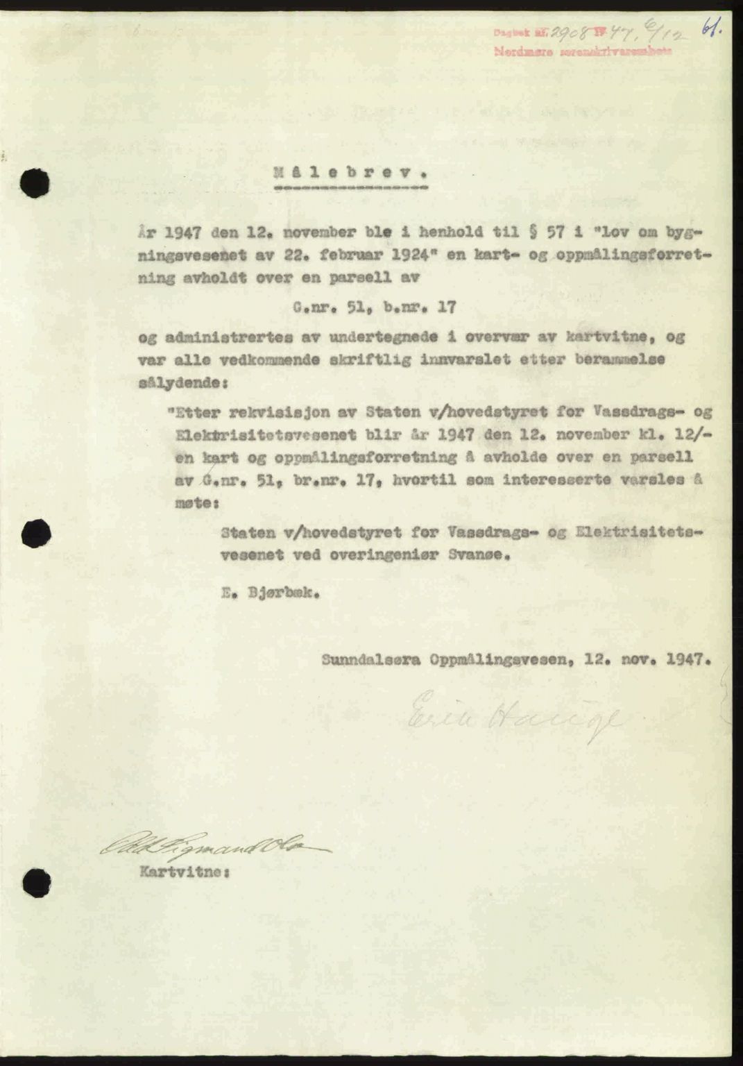 Nordmøre sorenskriveri, AV/SAT-A-4132/1/2/2Ca: Mortgage book no. A107, 1947-1948, Diary no: : 2908/1947