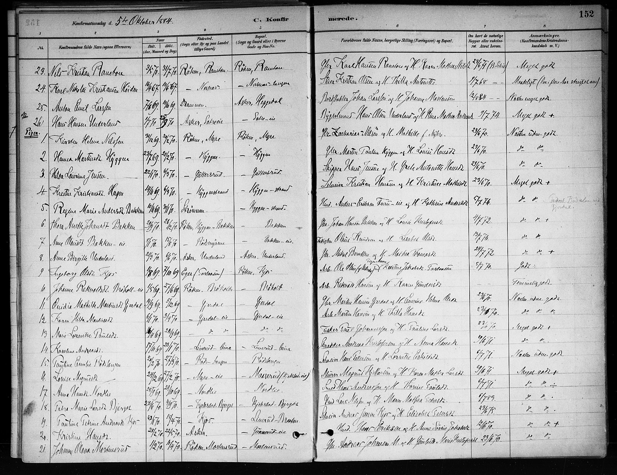 Røyken kirkebøker, SAKO/A-241/F/Fa/L0008: Parish register (official) no. 8, 1880-1897, p. 152