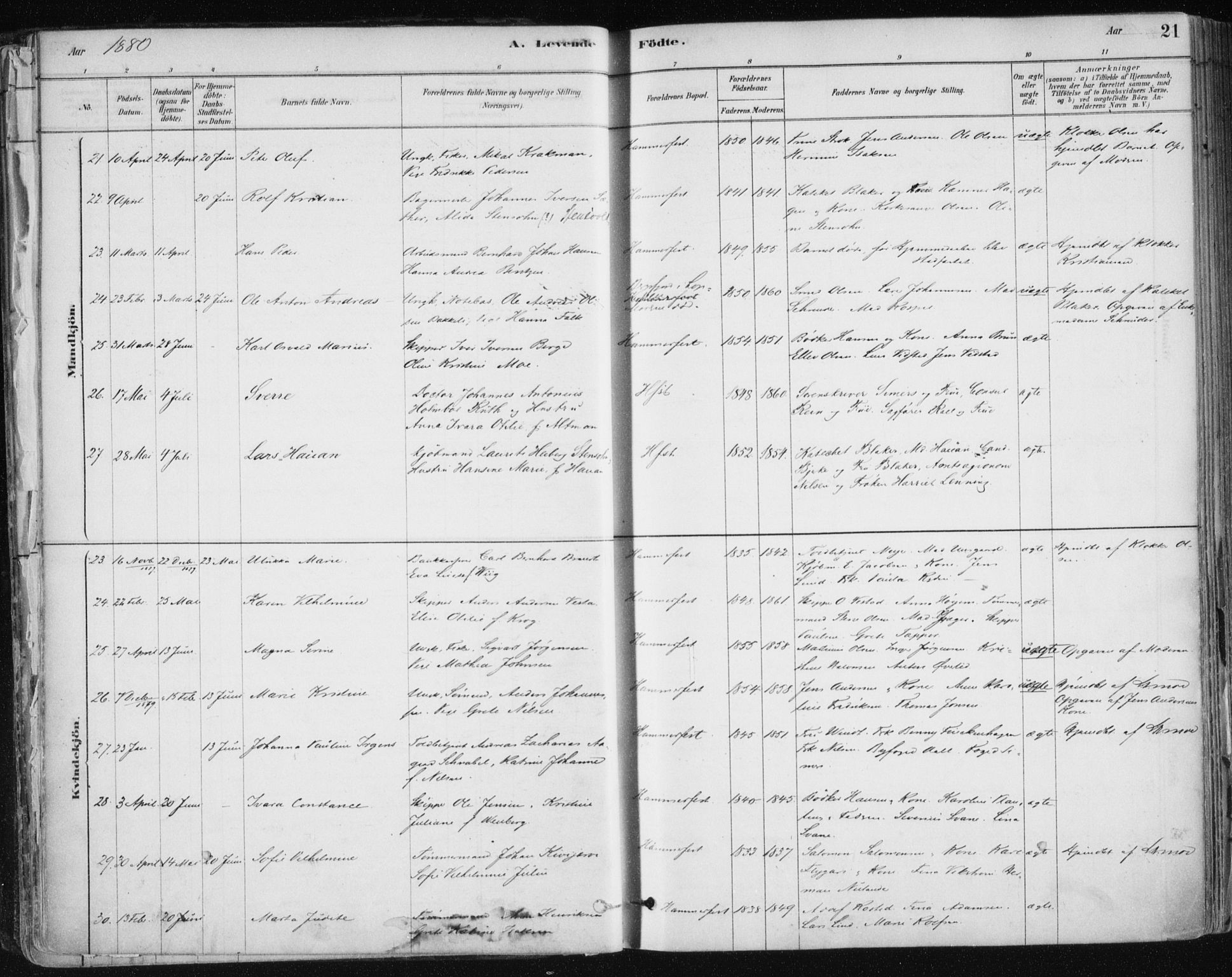 Hammerfest sokneprestkontor, AV/SATØ-S-1347/H/Ha/L0008.kirke: Parish register (official) no. 8, 1878-1889, p. 21