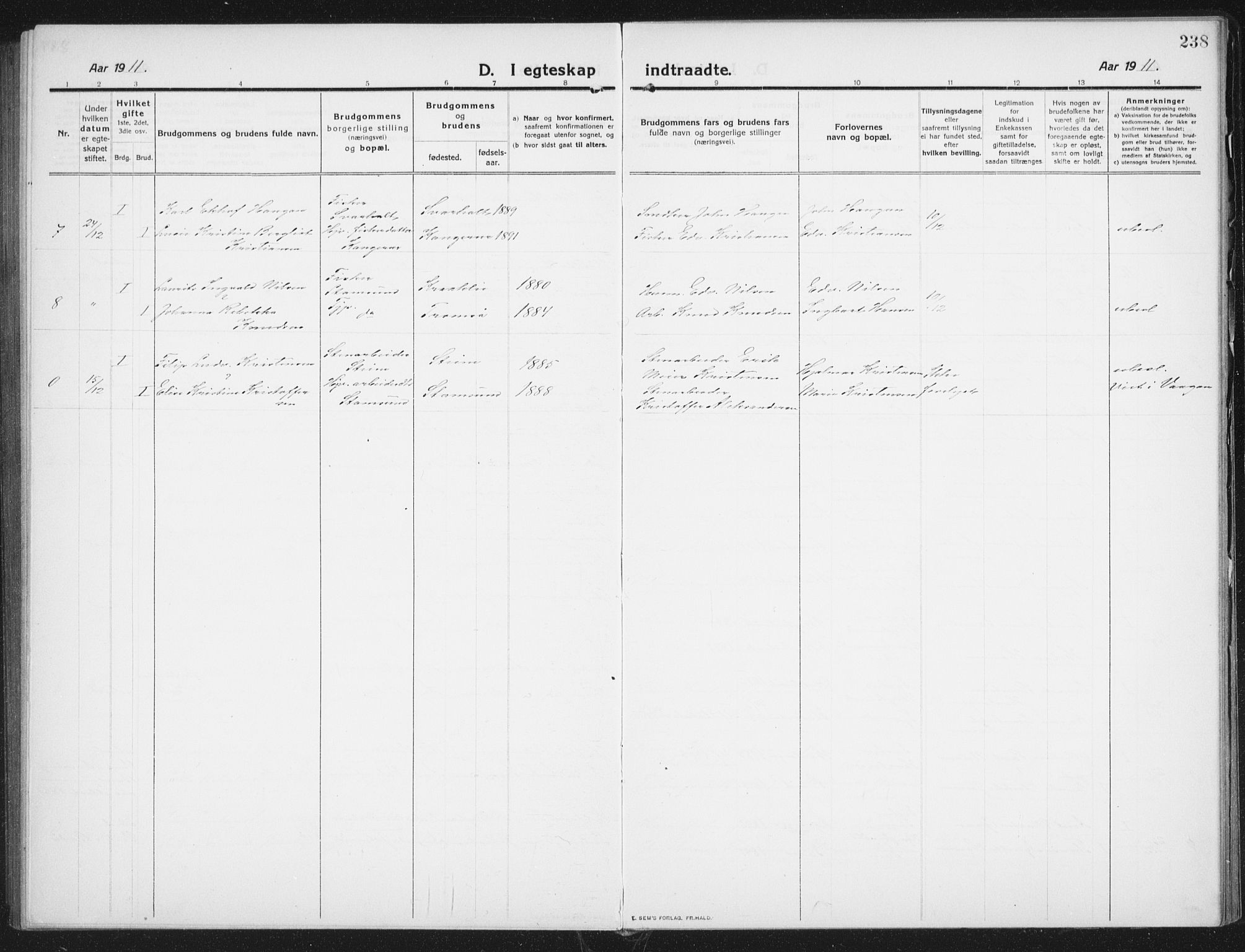 Ministerialprotokoller, klokkerbøker og fødselsregistre - Nordland, AV/SAT-A-1459/882/L1183: Parish register (copy) no. 882C01, 1911-1938, p. 238