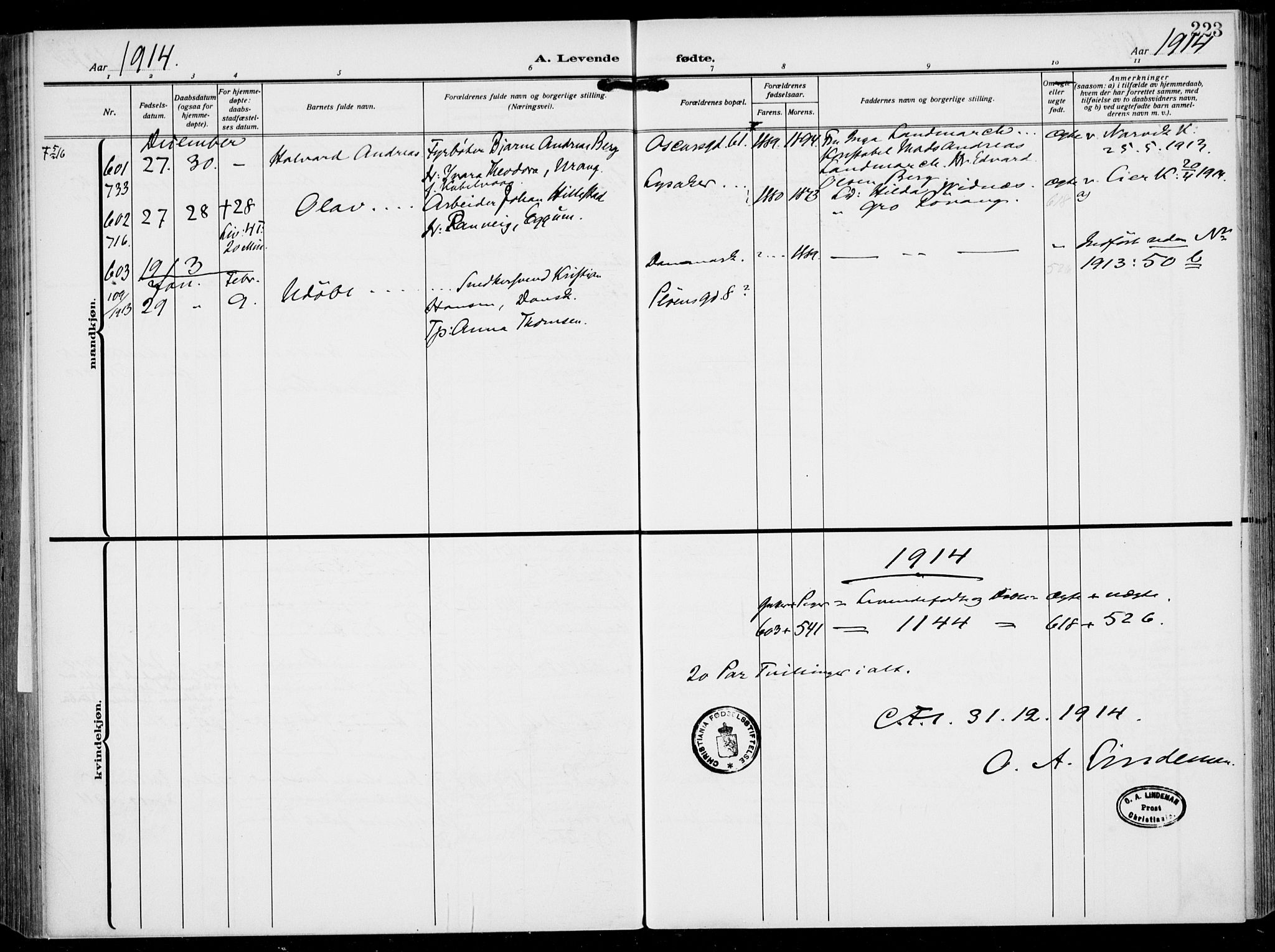 Rikshospitalet prestekontor Kirkebøker, AV/SAO-A-10309b/F/L0015: Parish register (official) no. 15, 1913-1915, p. 223