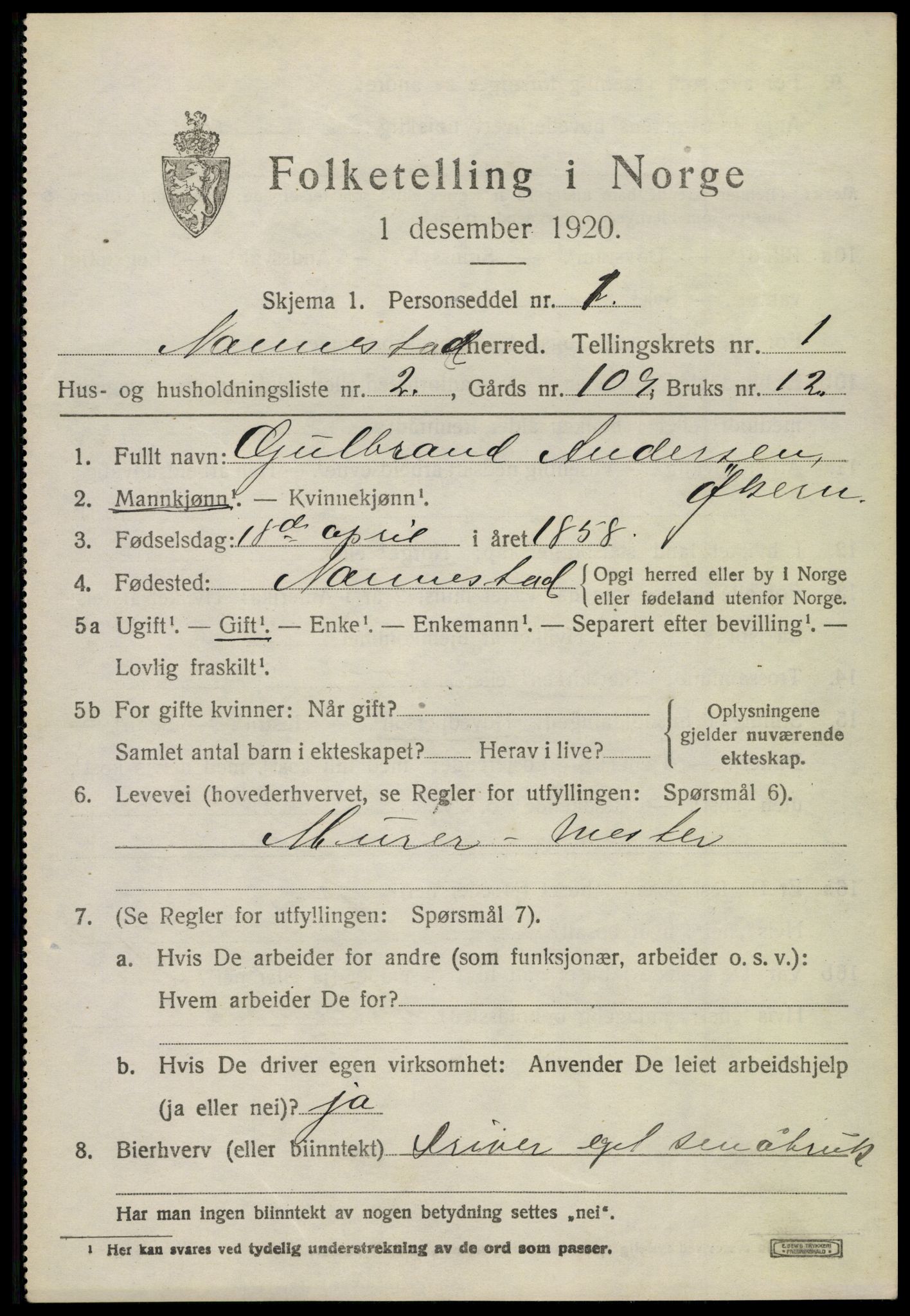 SAO, 1920 census for Nannestad, 1920, p. 1621