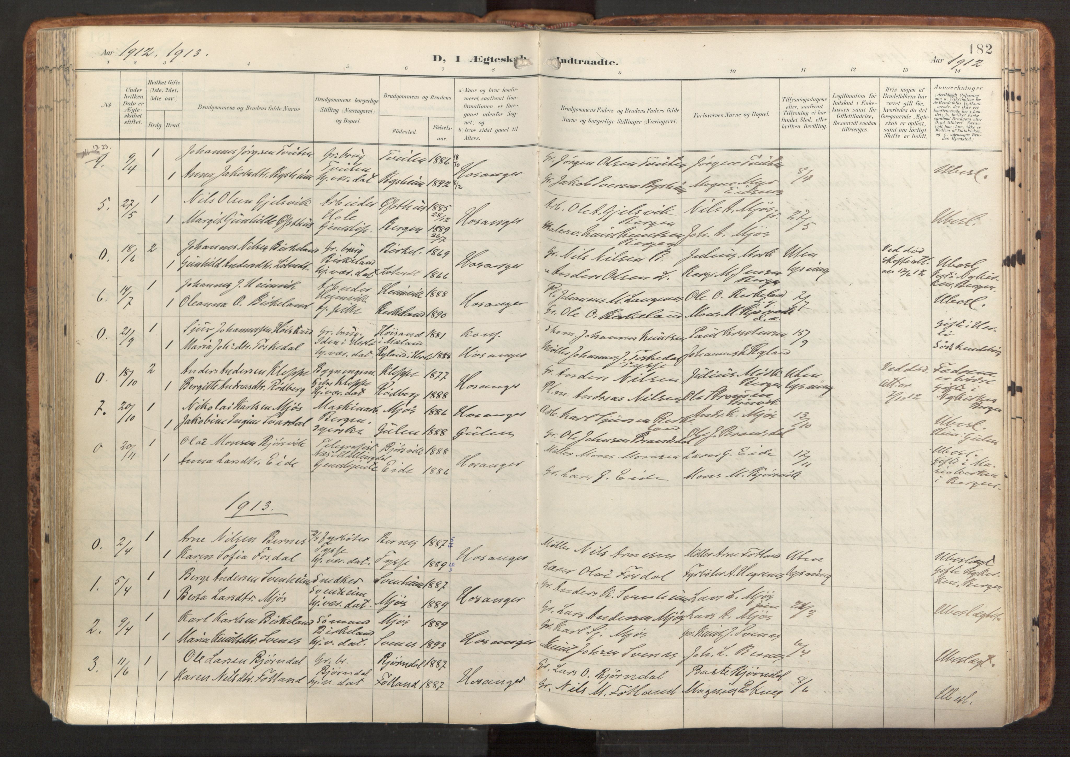 Hosanger sokneprestembete, AV/SAB-A-75801/H/Haa: Parish register (official) no. B 2, 1897-1923, p. 182