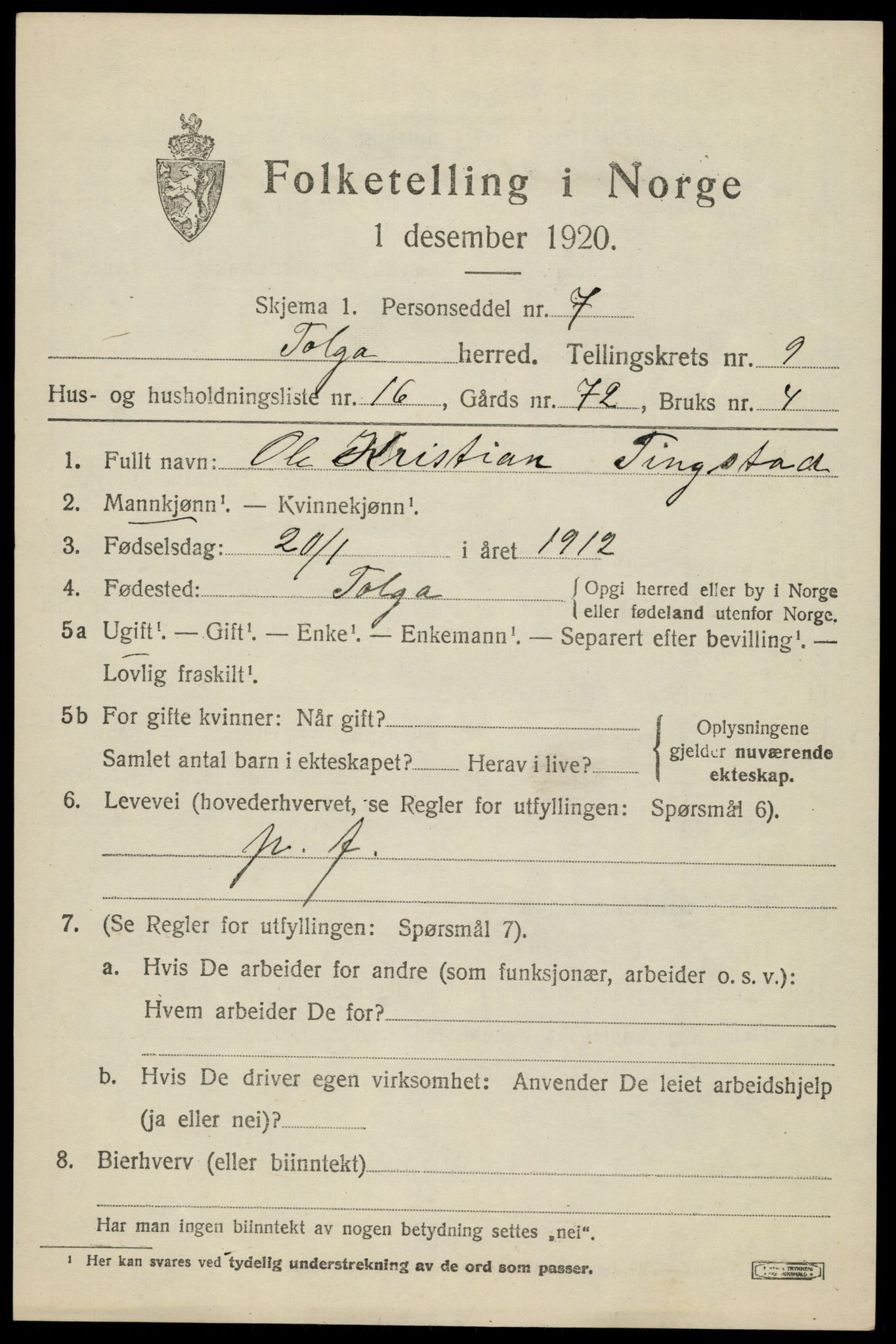 SAH, 1920 census for Tolga, 1920, p. 4909