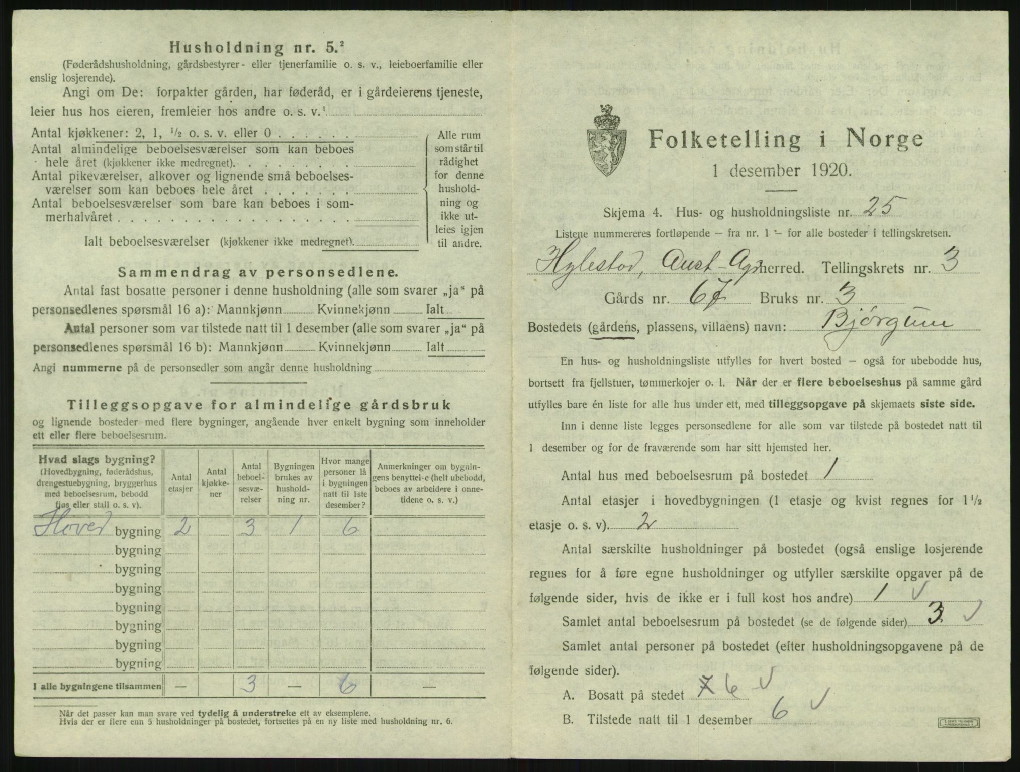 SAK, 1920 census for Hylestad, 1920, p. 174