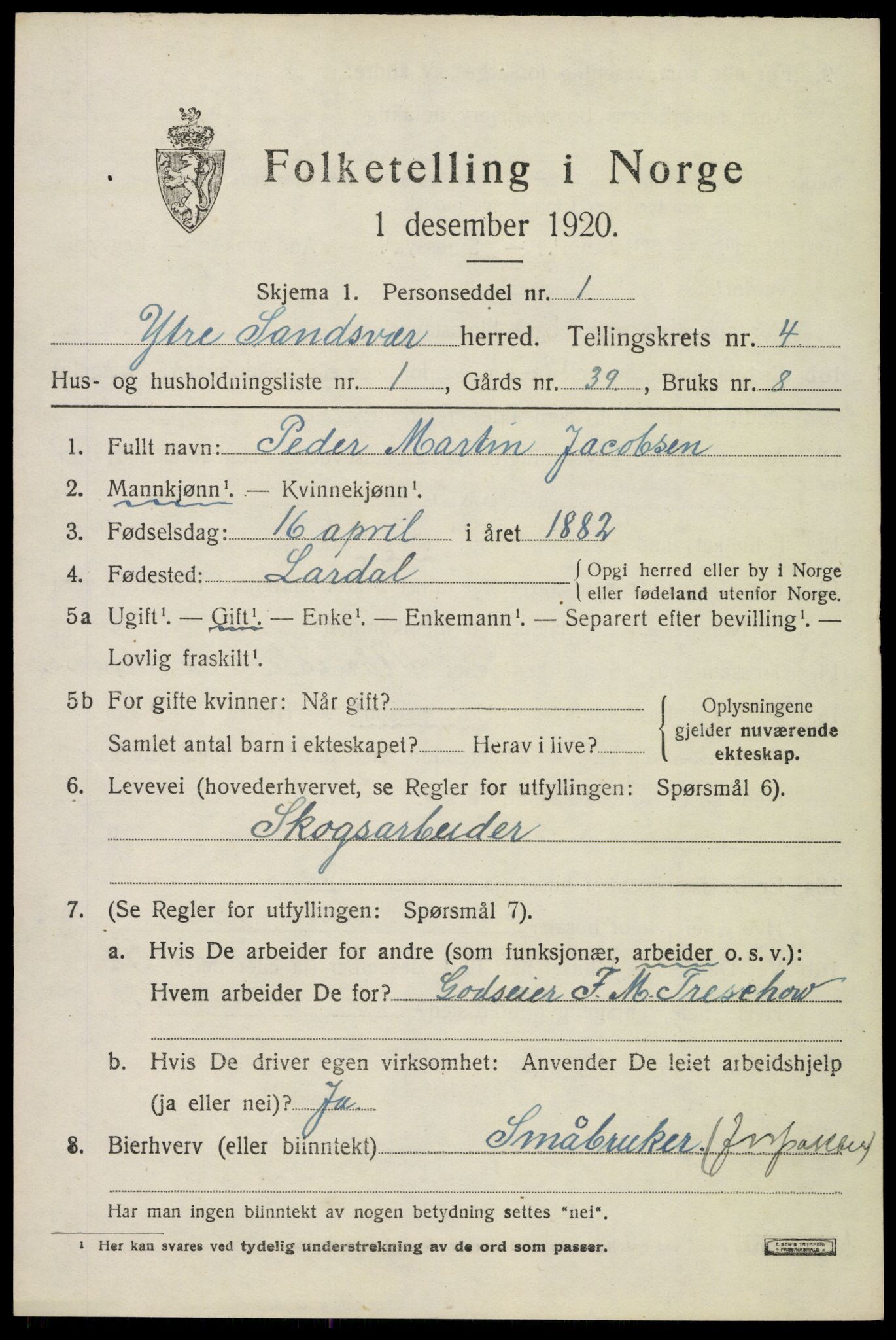SAKO, 1920 census for Ytre Sandsvær, 1920, p. 4392