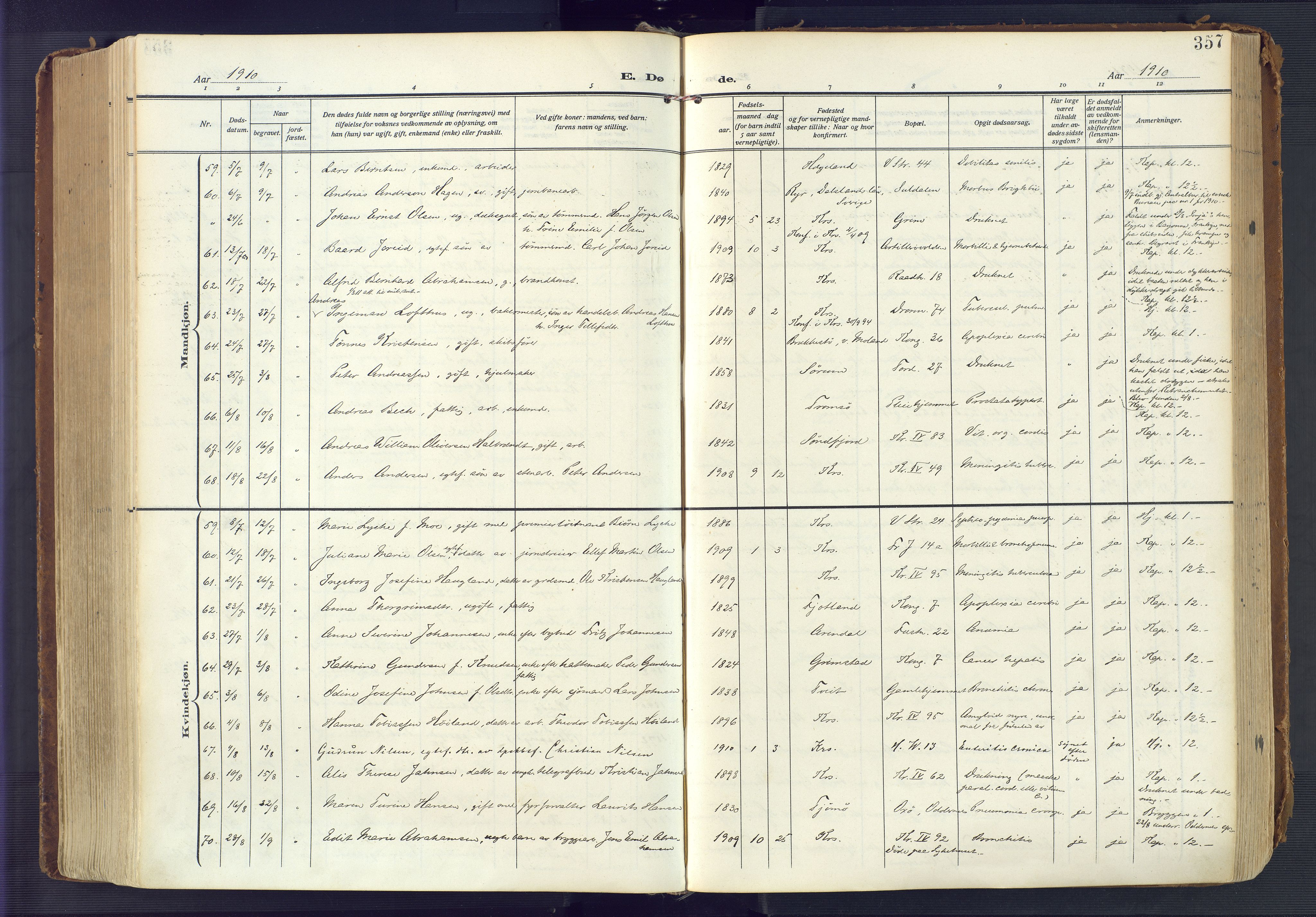 Kristiansand domprosti, AV/SAK-1112-0006/F/Fa/L0023: Parish register (official) no. A 22, 1909-1917, p. 357