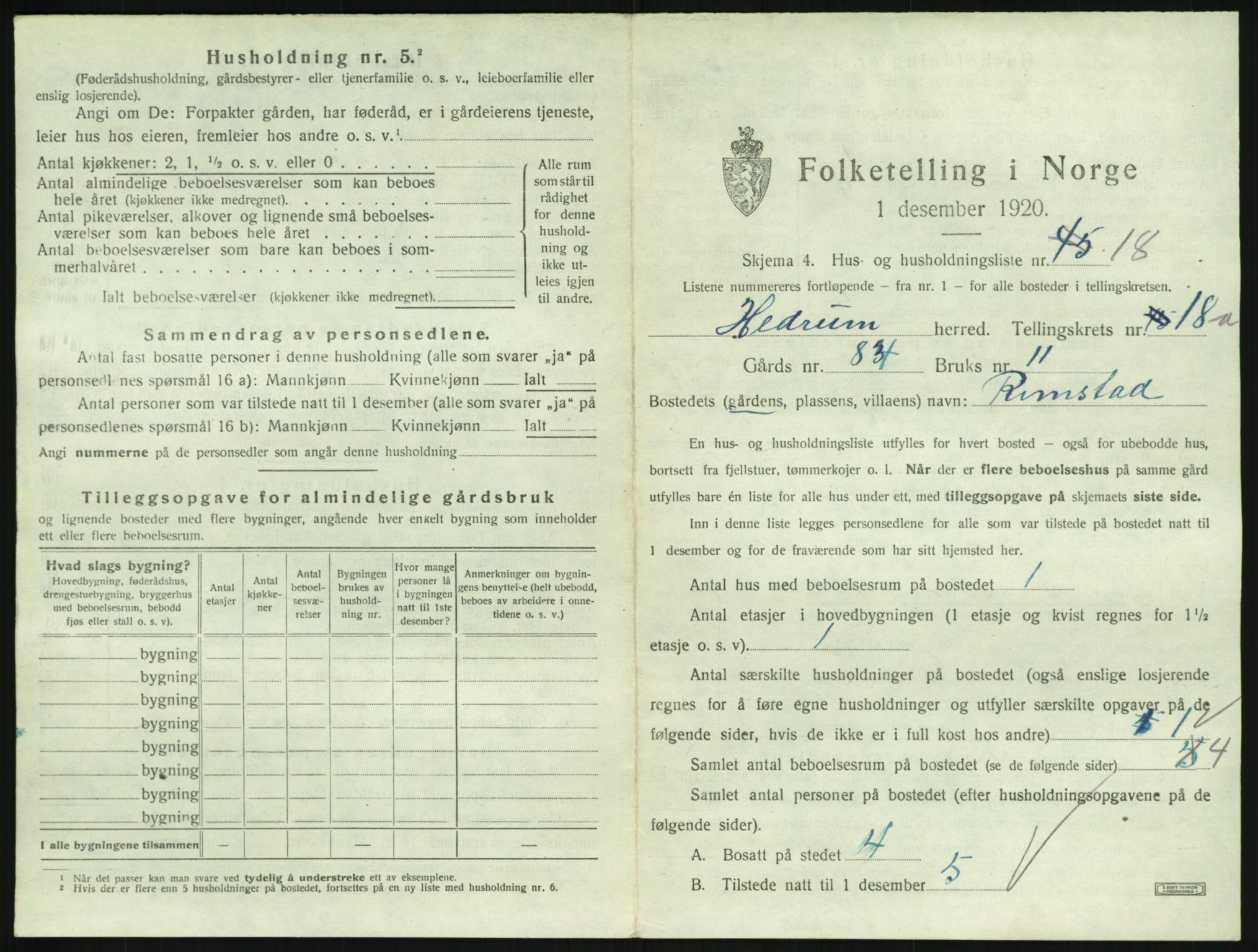 SAKO, 1920 census for Hedrum, 1920, p. 1599