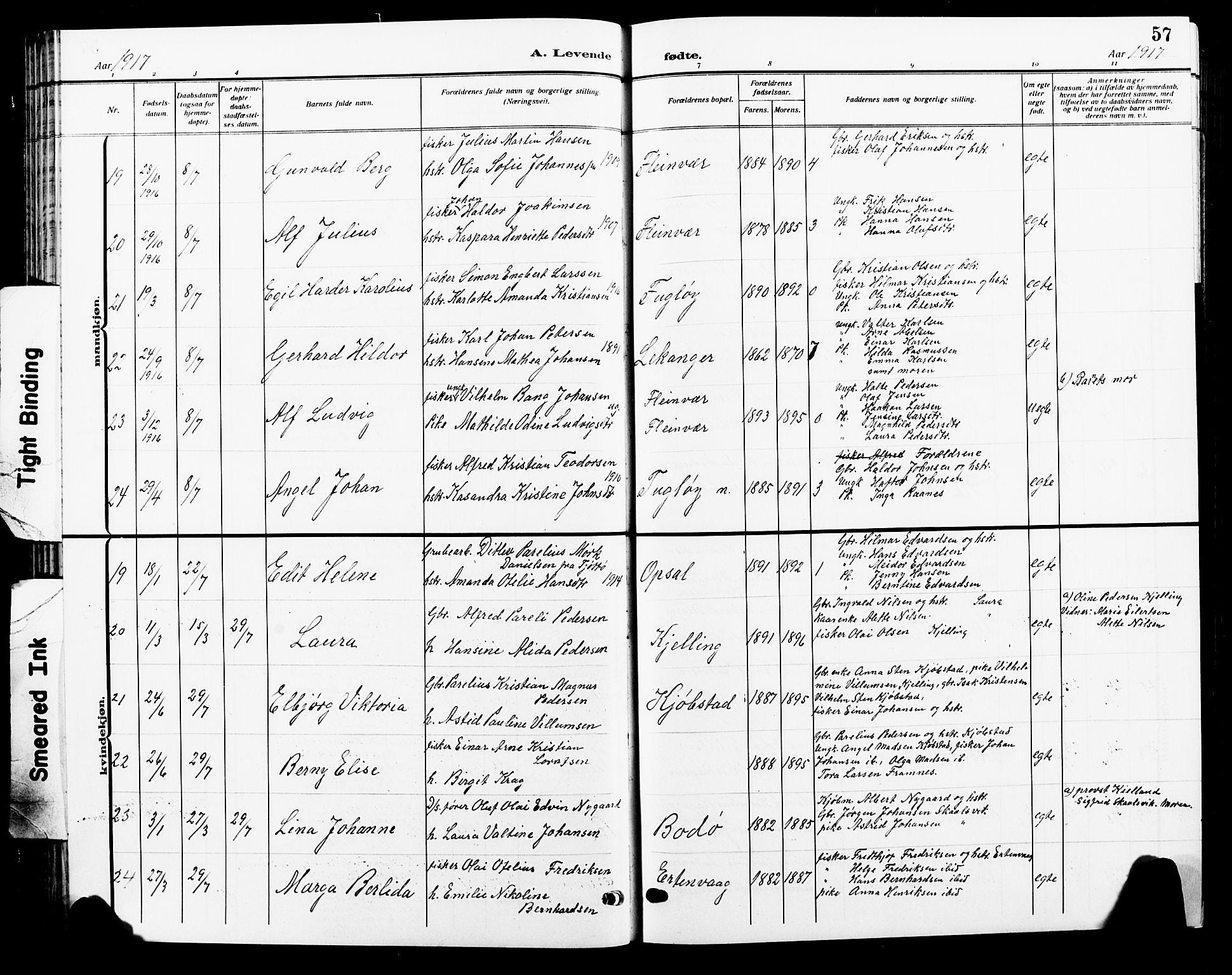 Ministerialprotokoller, klokkerbøker og fødselsregistre - Nordland, AV/SAT-A-1459/805/L0110: Parish register (copy) no. 805C06, 1909-1924, p. 57