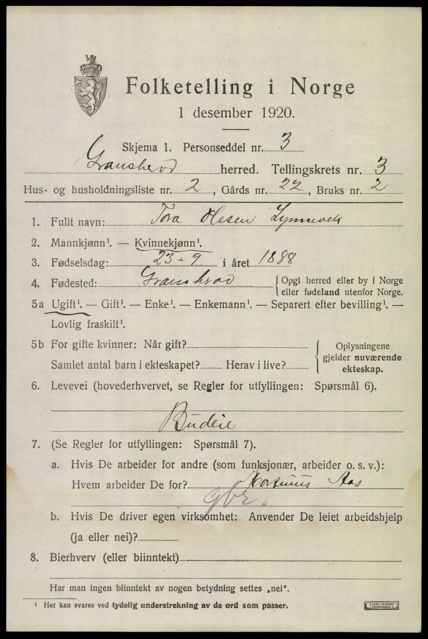 SAKO, 1920 census for Gransherad, 1920, p. 1416