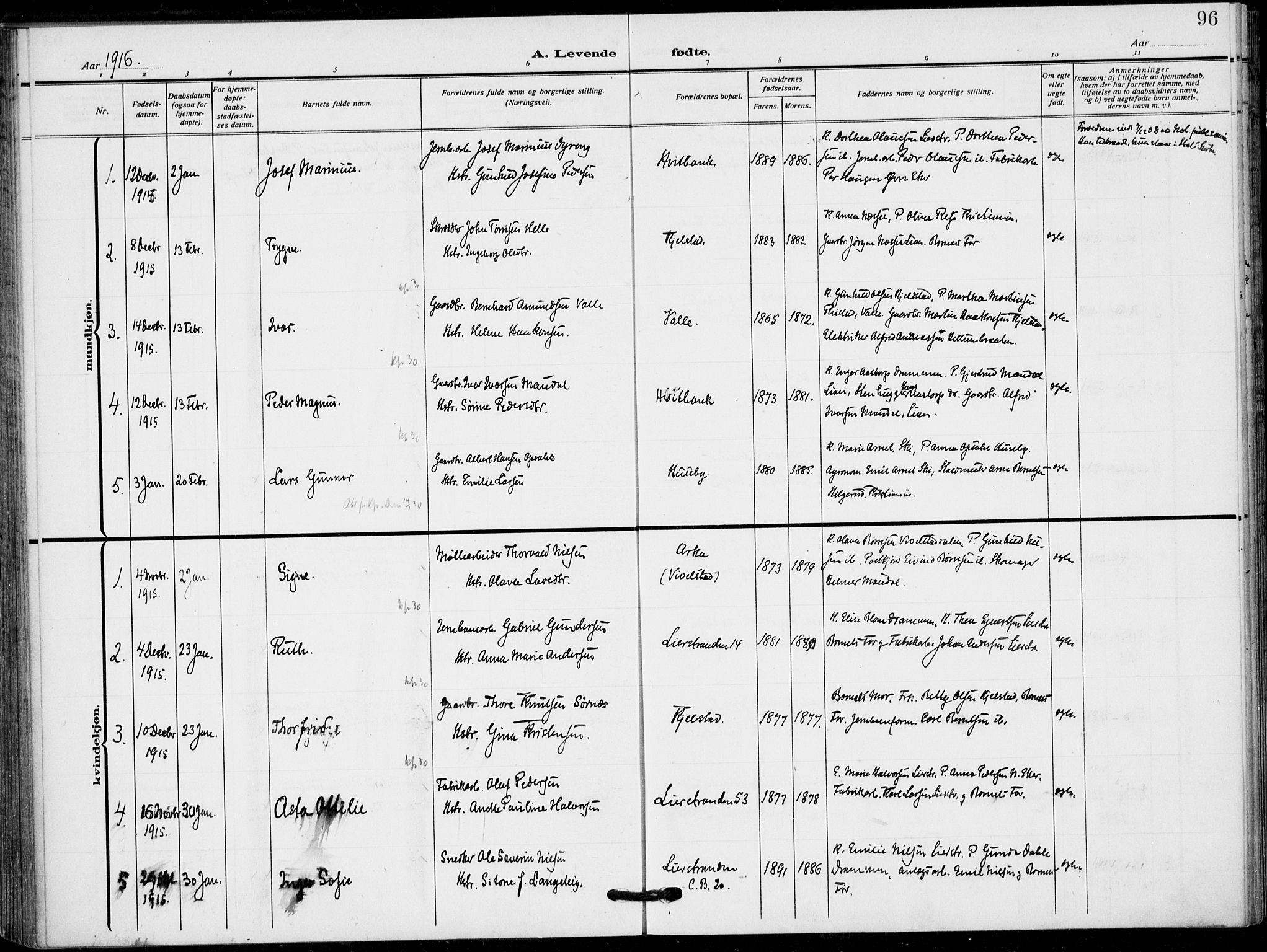 Lier kirkebøker, AV/SAKO-A-230/F/Fa/L0018: Parish register (official) no. I 18, 1909-1917, p. 96