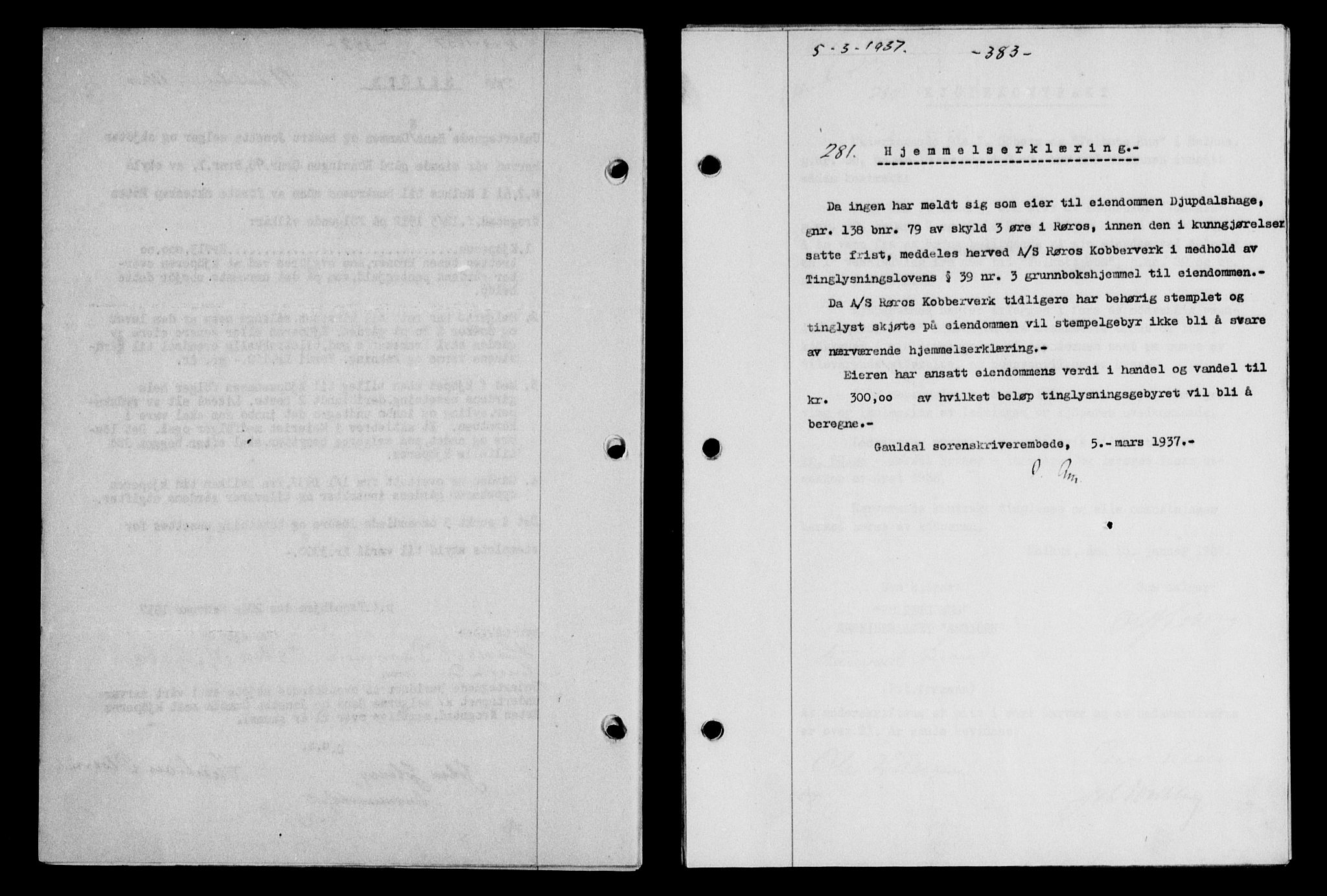 Gauldal sorenskriveri, SAT/A-0014/1/2/2C/L0047: Mortgage book no. 50-51, 1937-1937, Diary no: : 281/1937