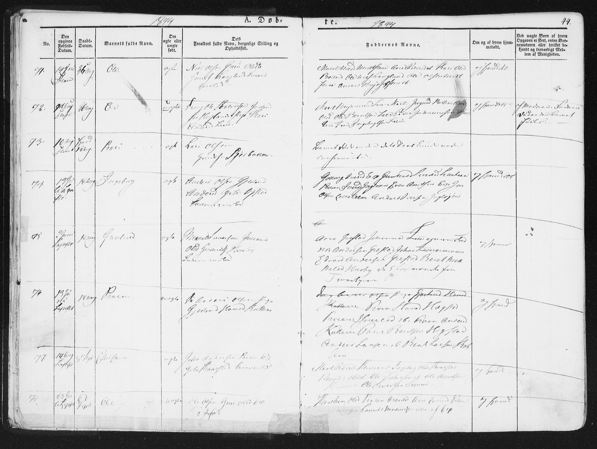 Ministerialprotokoller, klokkerbøker og fødselsregistre - Sør-Trøndelag, AV/SAT-A-1456/691/L1074: Parish register (official) no. 691A06, 1842-1852, p. 44