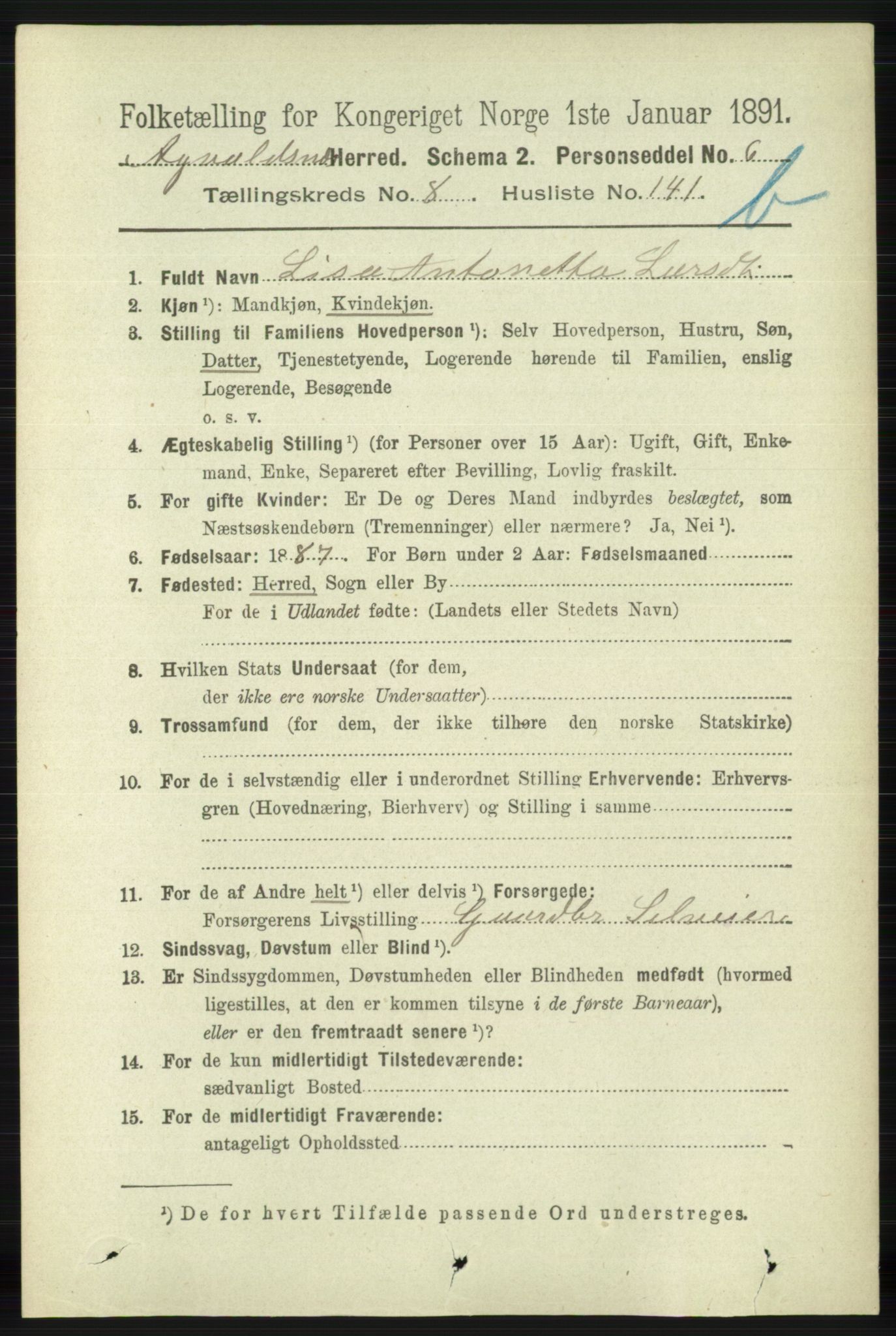 RA, 1891 census for 1147 Avaldsnes, 1891, p. 4887