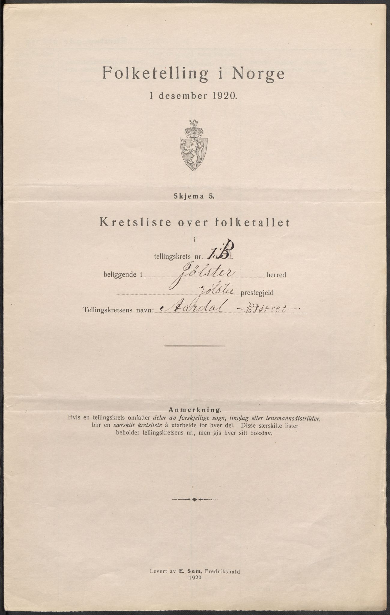 SAB, 1920 census for Jølster, 1920, p. 9