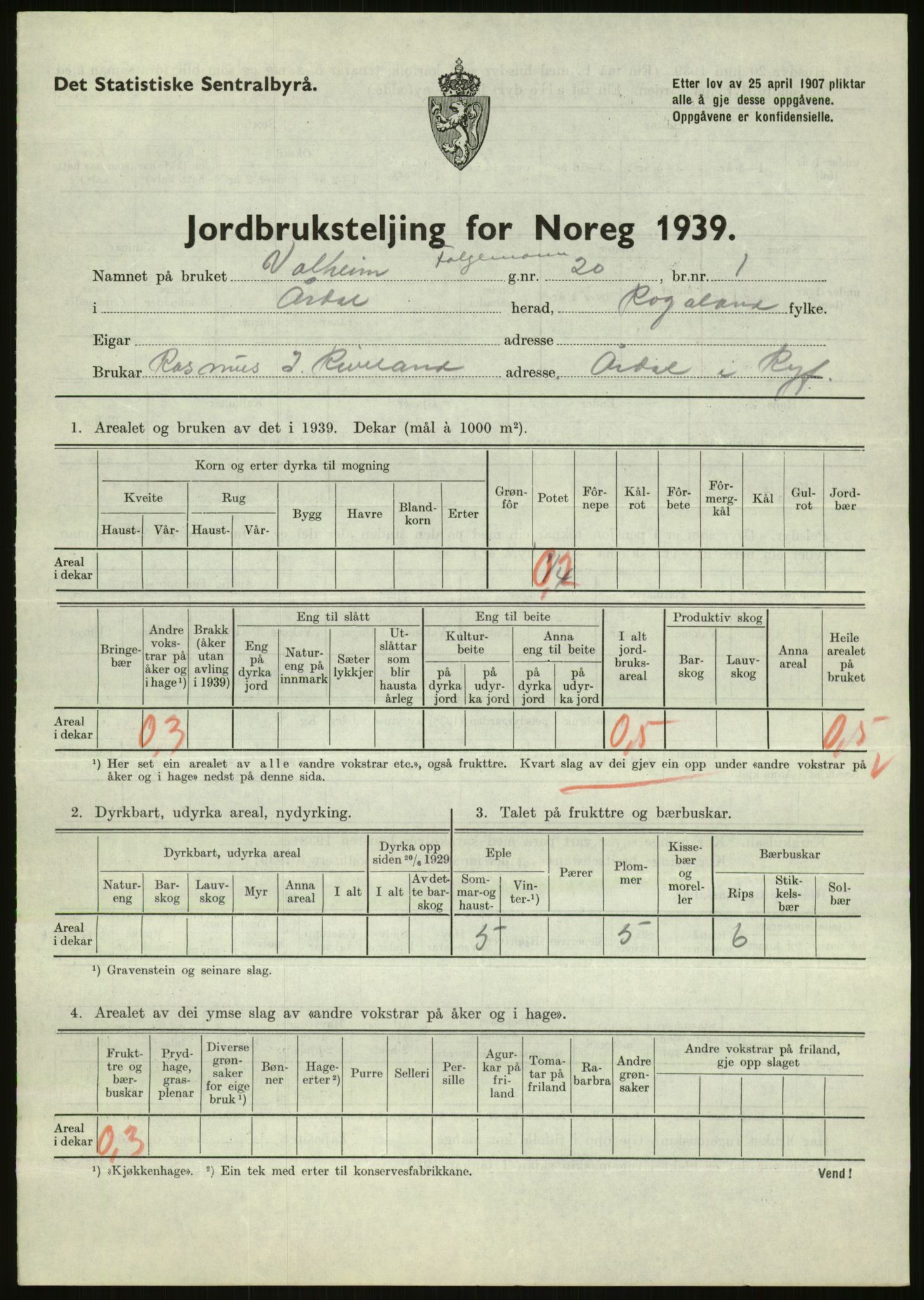 Statistisk sentralbyrå, Næringsøkonomiske emner, Jordbruk, skogbruk, jakt, fiske og fangst, AV/RA-S-2234/G/Gb/L0184: Rogaland: Årdal, Fister og Hjelmeland, 1939, p. 403