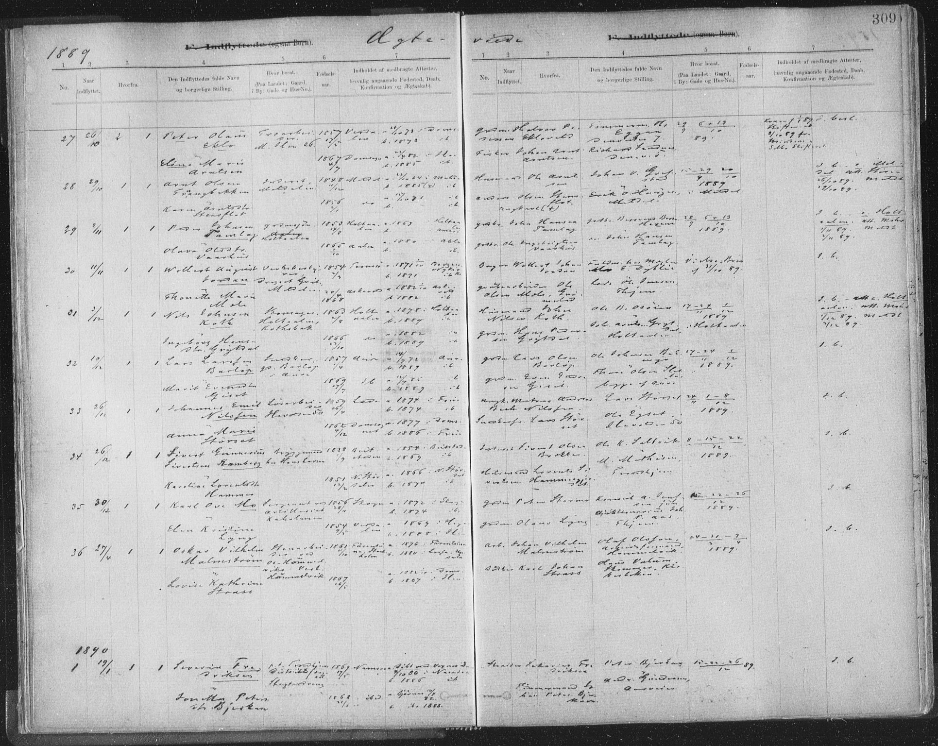 Ministerialprotokoller, klokkerbøker og fødselsregistre - Sør-Trøndelag, SAT/A-1456/603/L0163: Parish register (official) no. 603A02, 1879-1895, p. 309