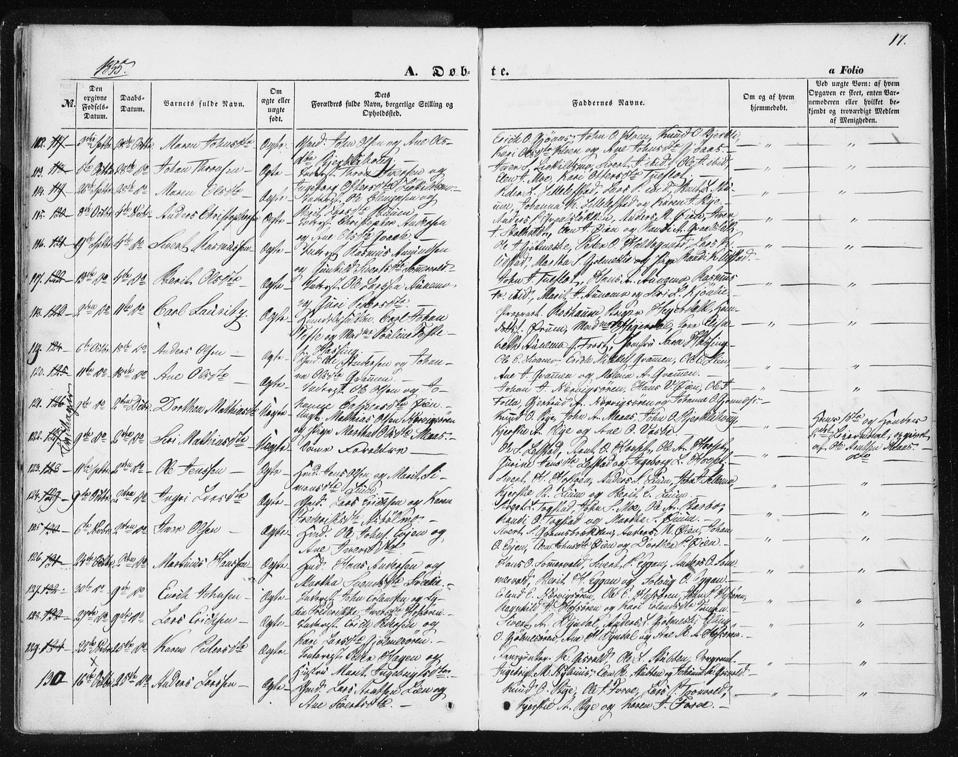 Ministerialprotokoller, klokkerbøker og fødselsregistre - Sør-Trøndelag, SAT/A-1456/668/L0806: Parish register (official) no. 668A06, 1854-1869, p. 17