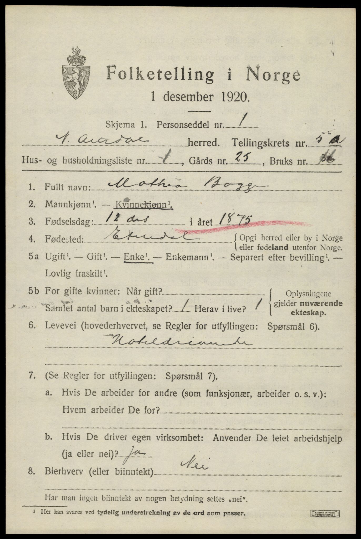 SAH, 1920 census for Nord-Aurdal, 1920, p. 4588