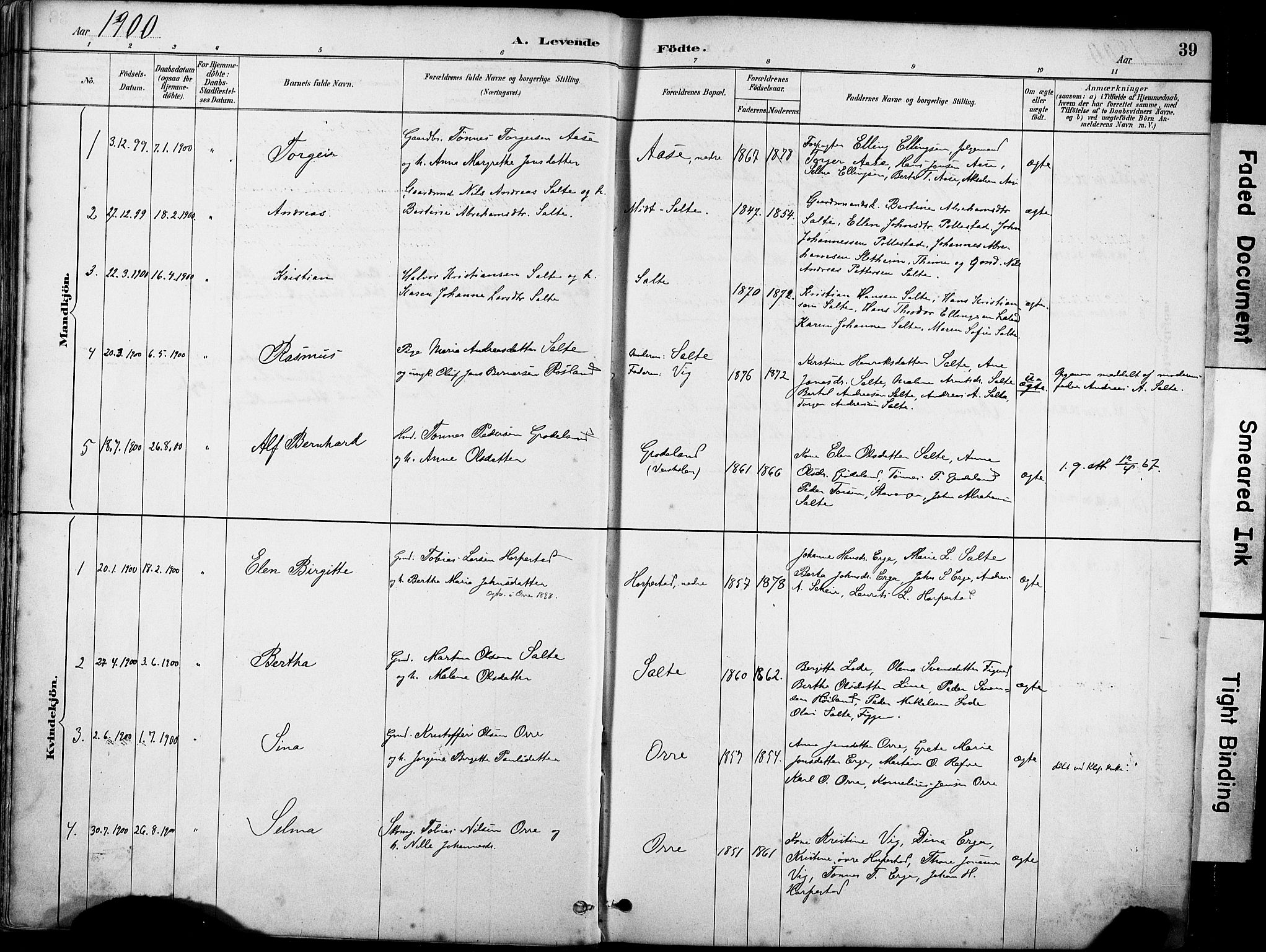 Klepp sokneprestkontor, SAST/A-101803/001/3/30BA/L0007: Parish register (official) no. A 8, 1886-1912, p. 39