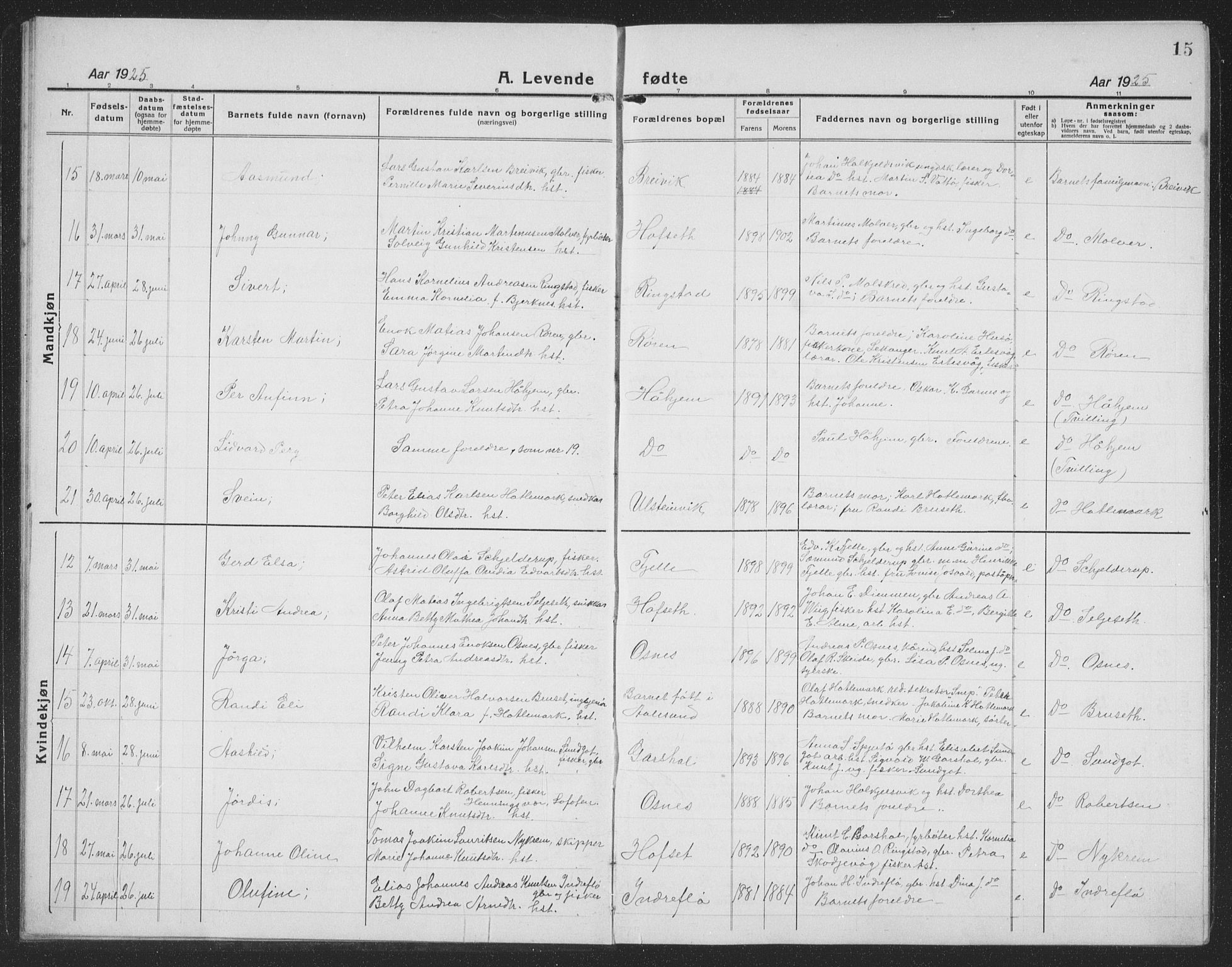 Ministerialprotokoller, klokkerbøker og fødselsregistre - Møre og Romsdal, AV/SAT-A-1454/509/L0113: Parish register (copy) no. 509C03, 1923-1939, p. 15