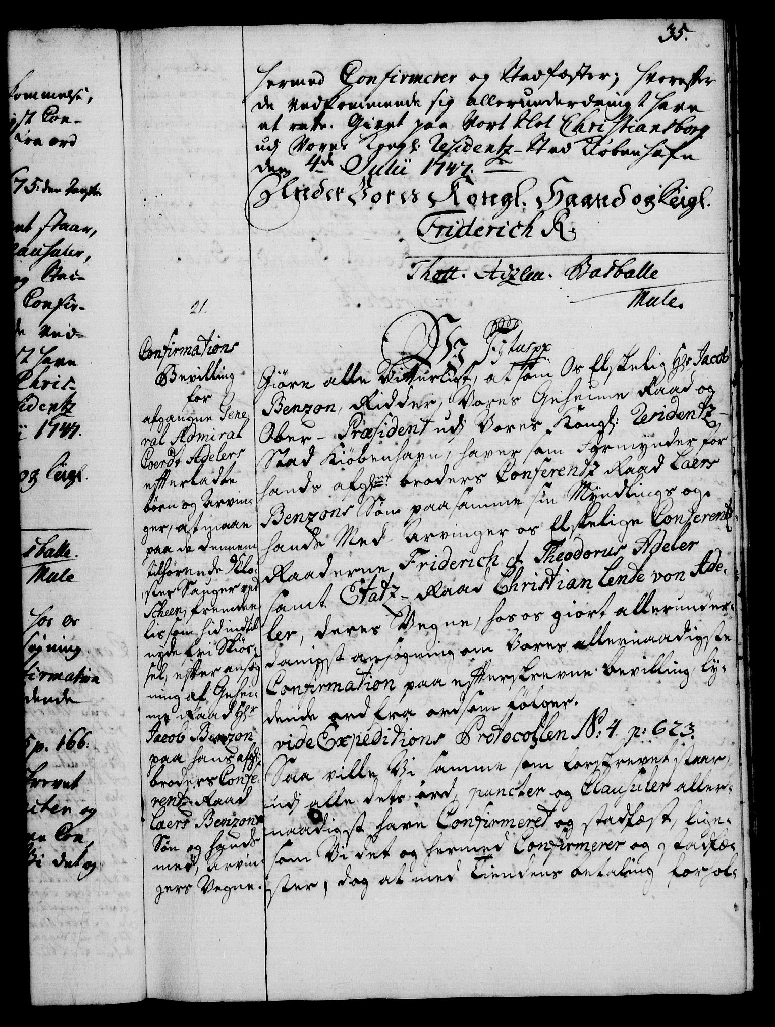 Rentekammeret, Kammerkanselliet, RA/EA-3111/G/Gg/Ggc/Ggca/L0001: Norsk konfirmasjonsekspedisjonsprotokoll med register (merket RK 53.23), 1746-1750, p. 35