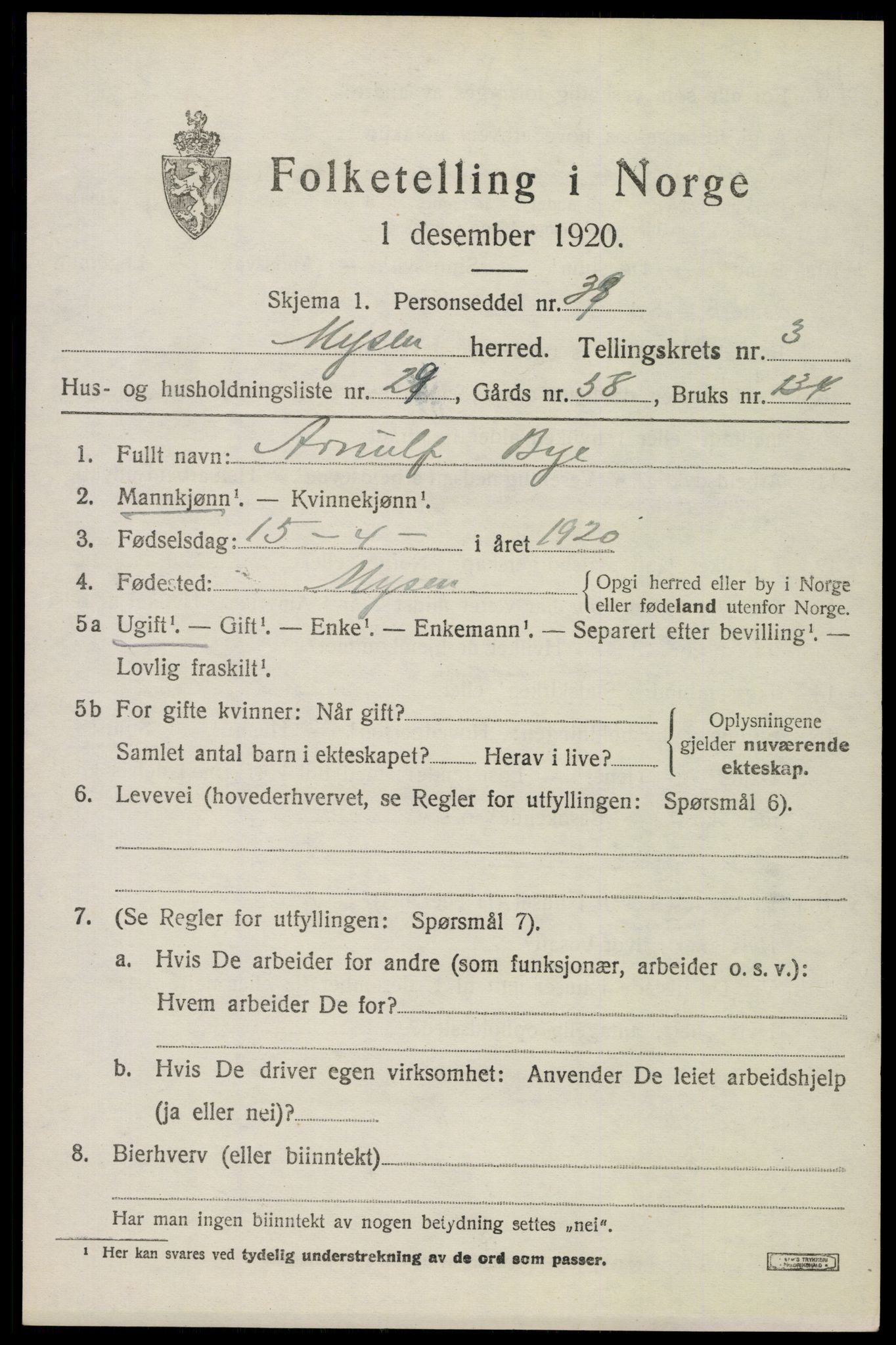 SAO, 1920 census for Mysen, 1920, p. 2435