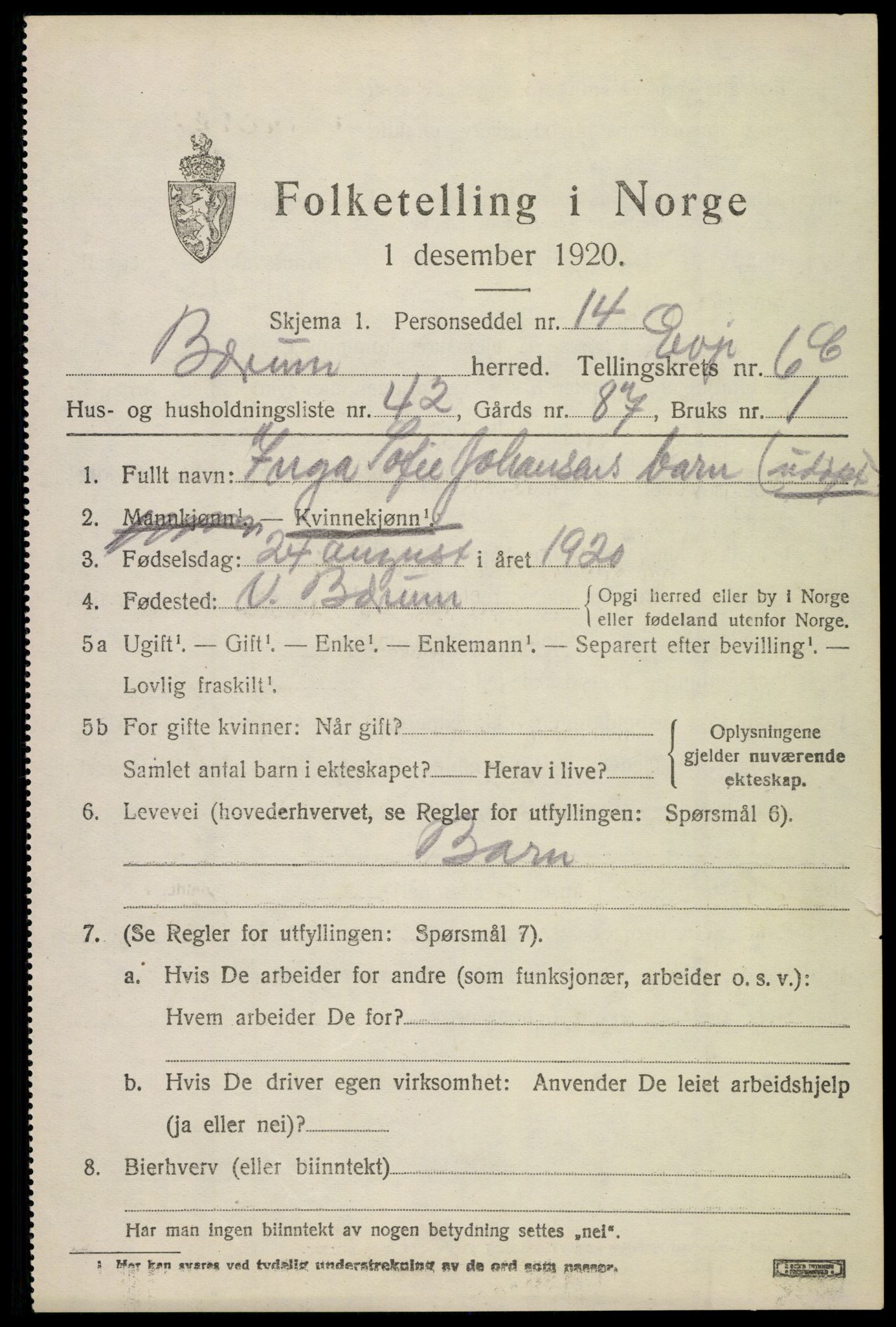 SAO, 1920 census for Bærum, 1920, p. 15524