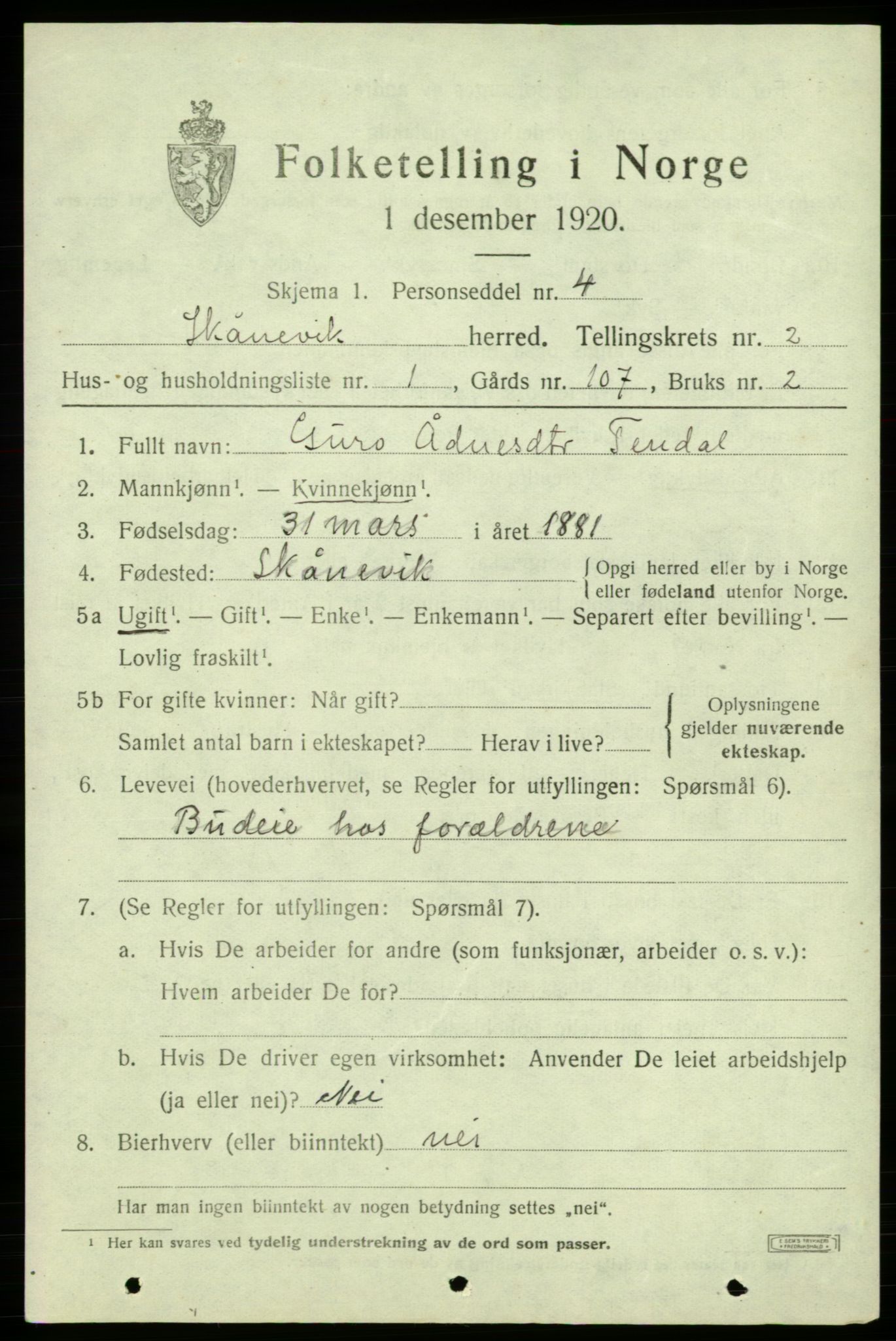 SAB, 1920 census for Skånevik, 1920, p. 2477