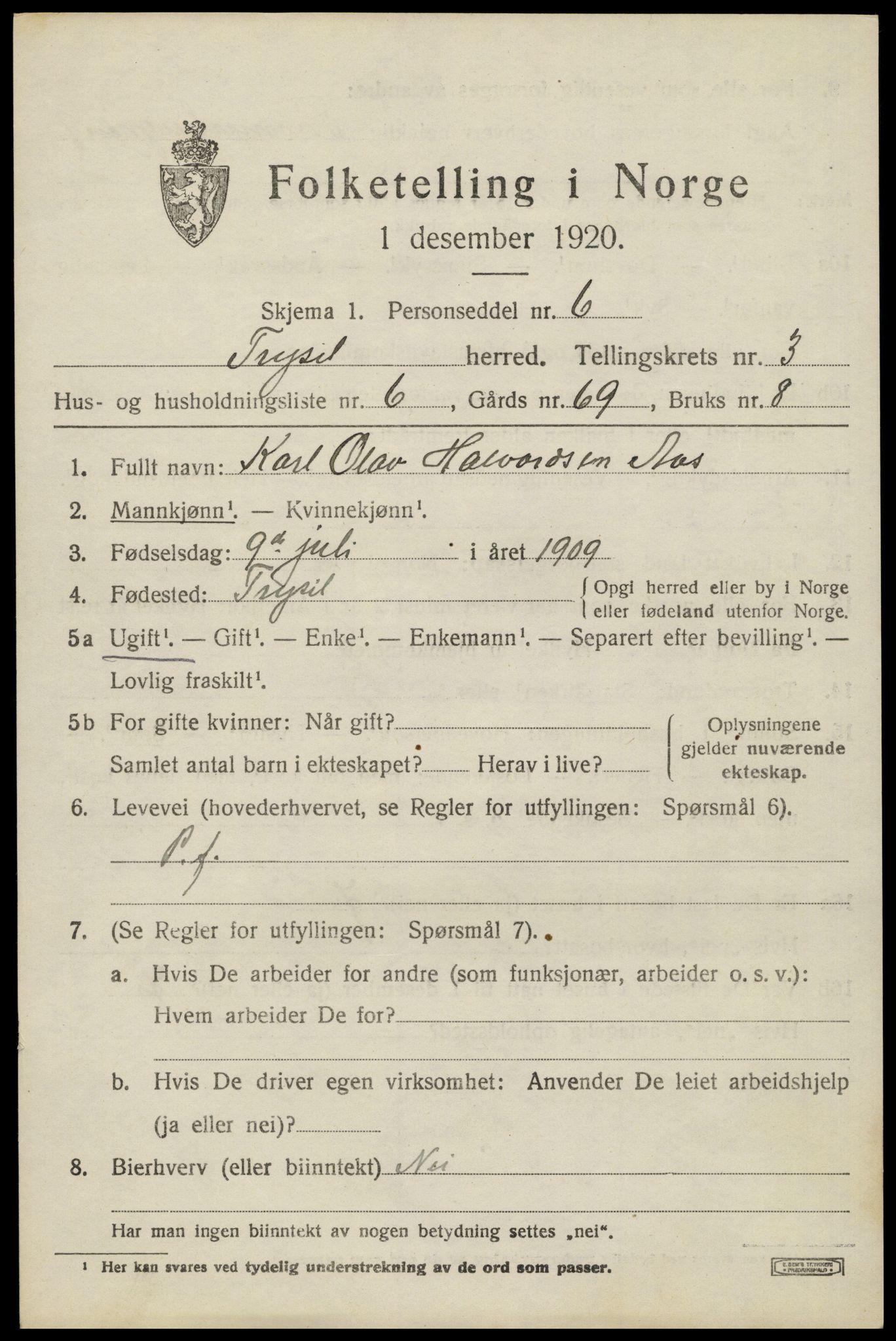 SAH, 1920 census for Trysil, 1920, p. 3553