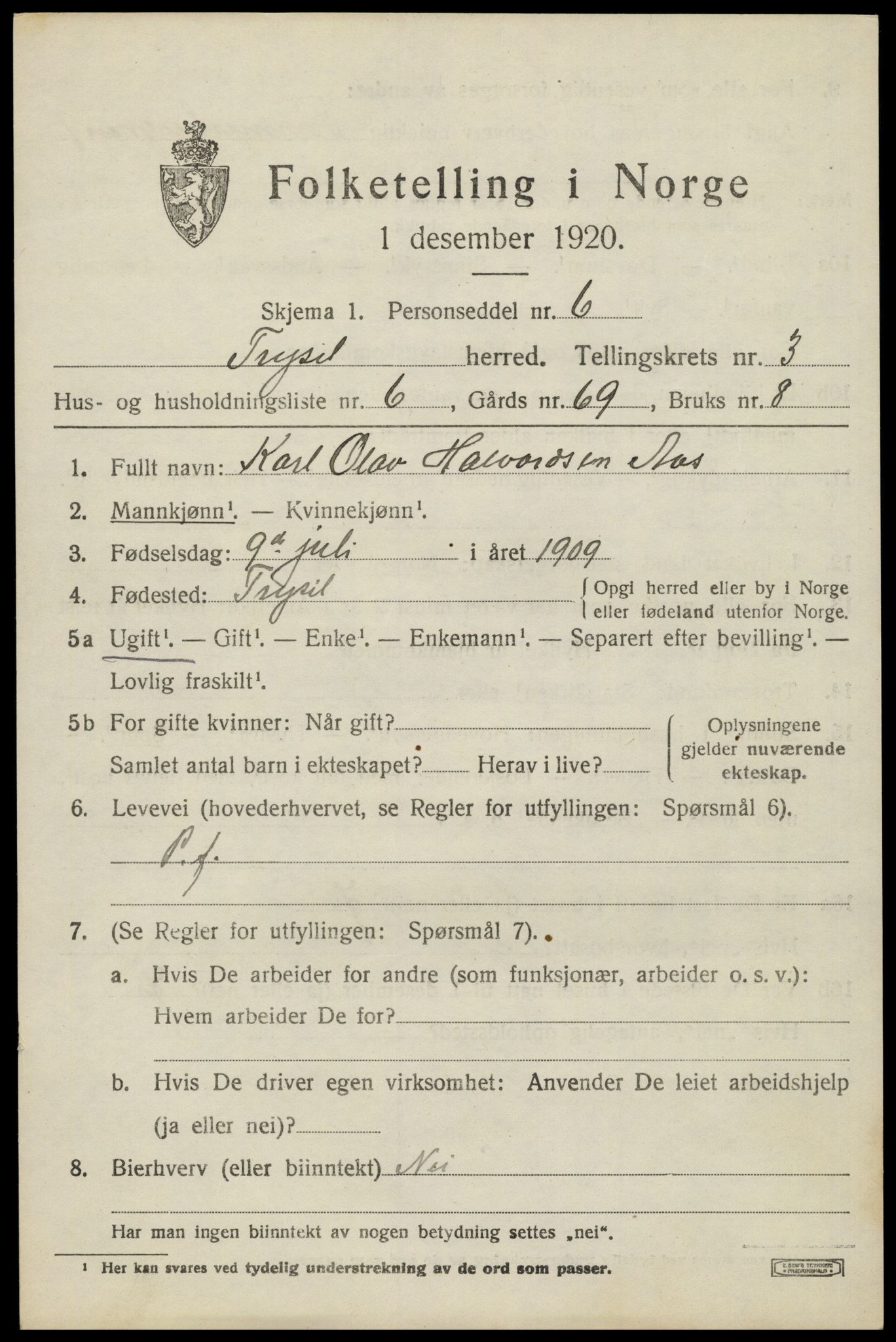 SAH, 1920 census for Trysil, 1920, p. 3553