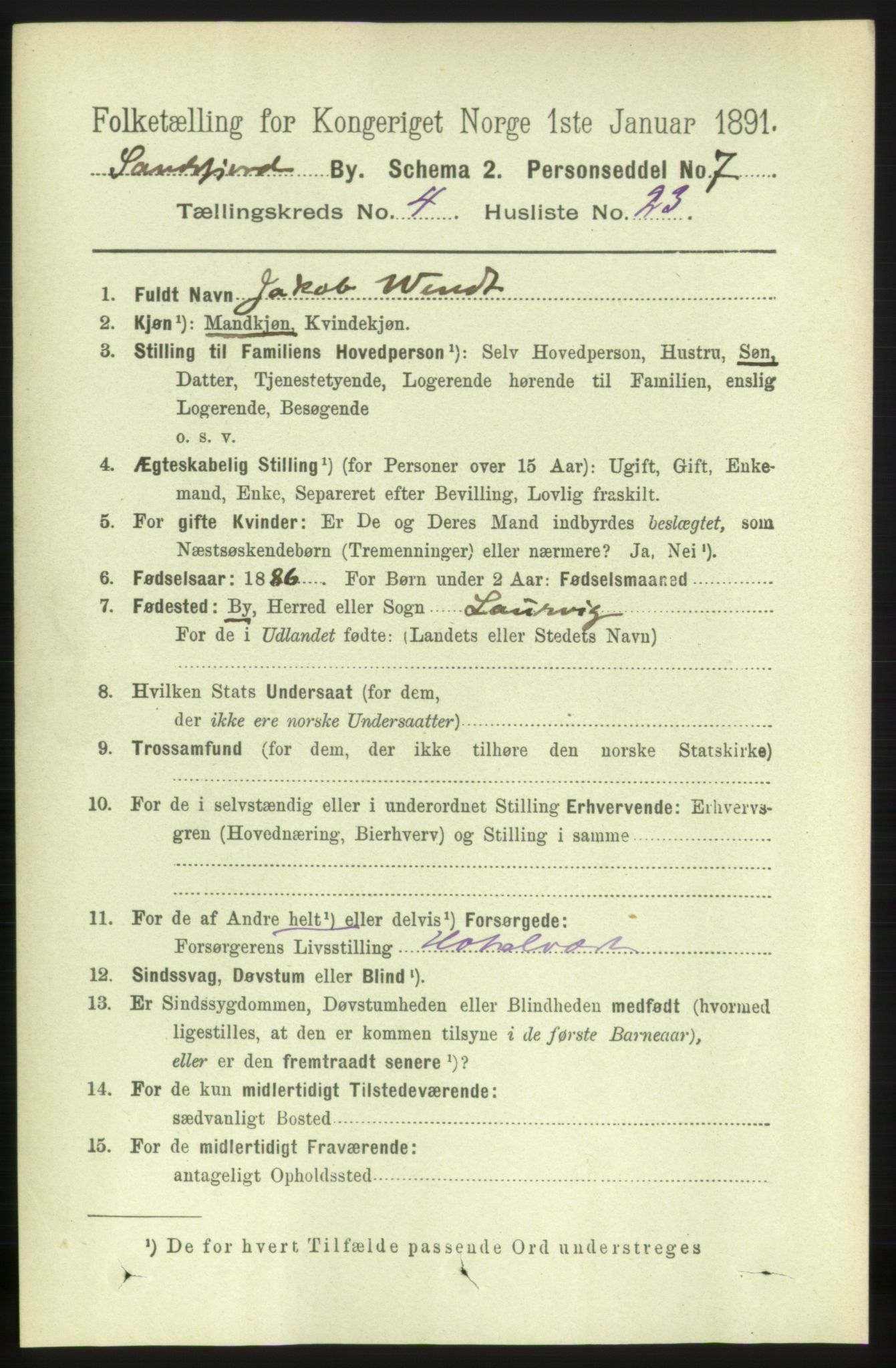 RA, 1891 census for 0706 Sandefjord, 1891, p. 1340