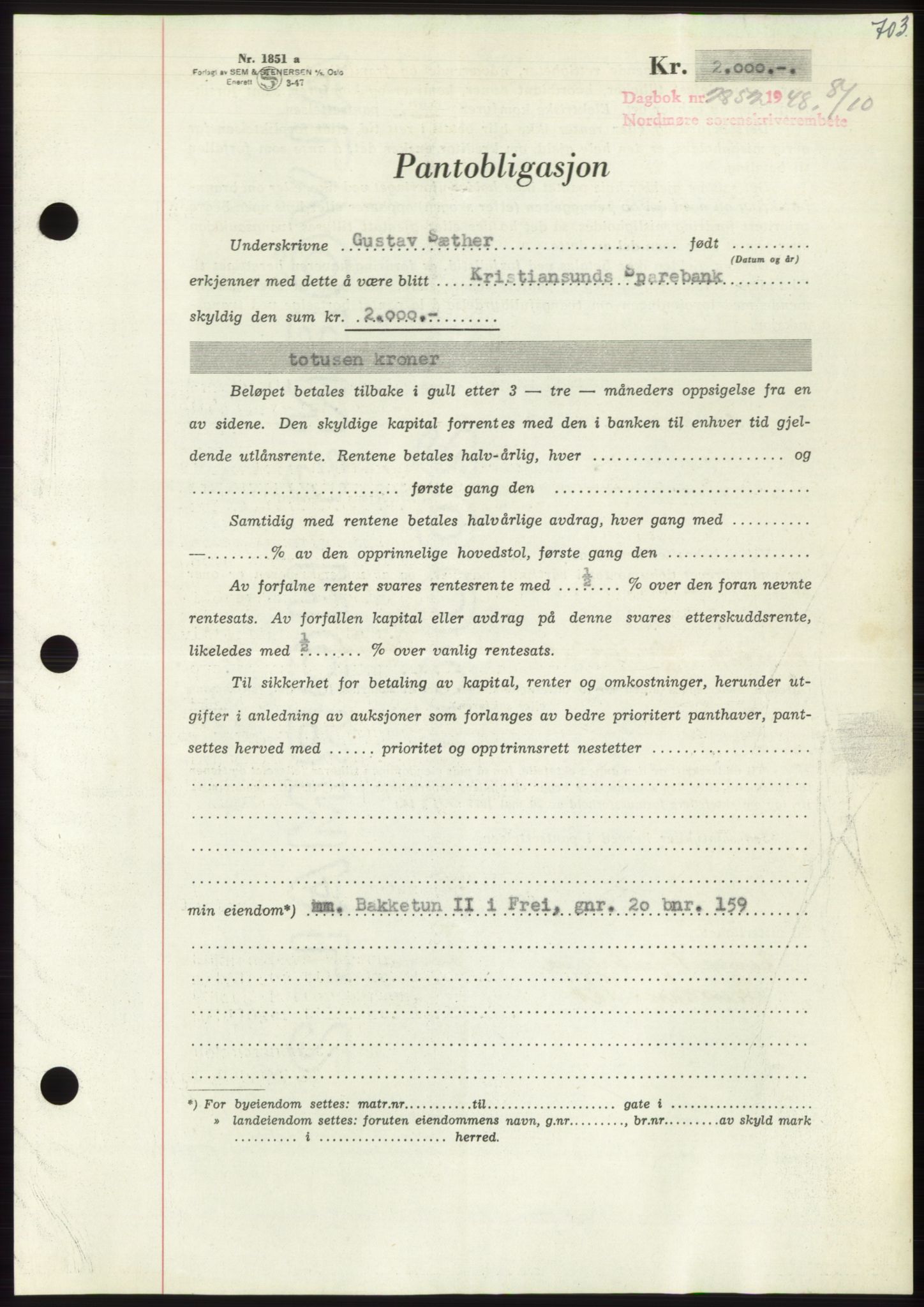 Nordmøre sorenskriveri, AV/SAT-A-4132/1/2/2Ca: Mortgage book no. B99, 1948-1948, Diary no: : 2852/1948