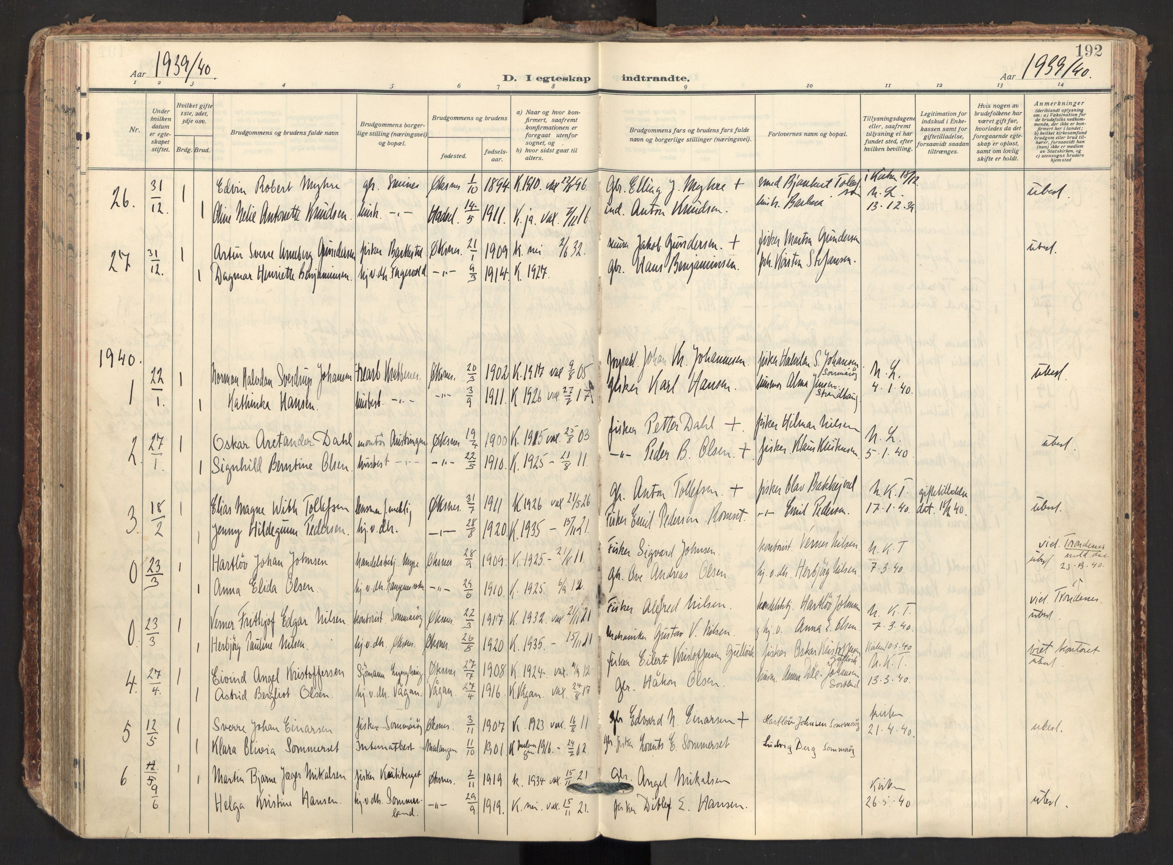 Ministerialprotokoller, klokkerbøker og fødselsregistre - Nordland, AV/SAT-A-1459/893/L1344: Parish register (official) no. 893A16, 1929-1946, p. 192