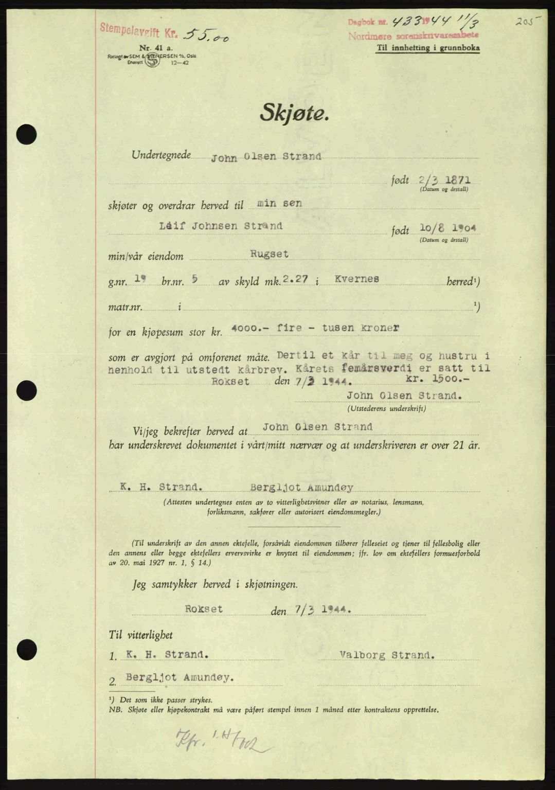 Nordmøre sorenskriveri, AV/SAT-A-4132/1/2/2Ca: Mortgage book no. A97, 1944-1944, Diary no: : 433/1944