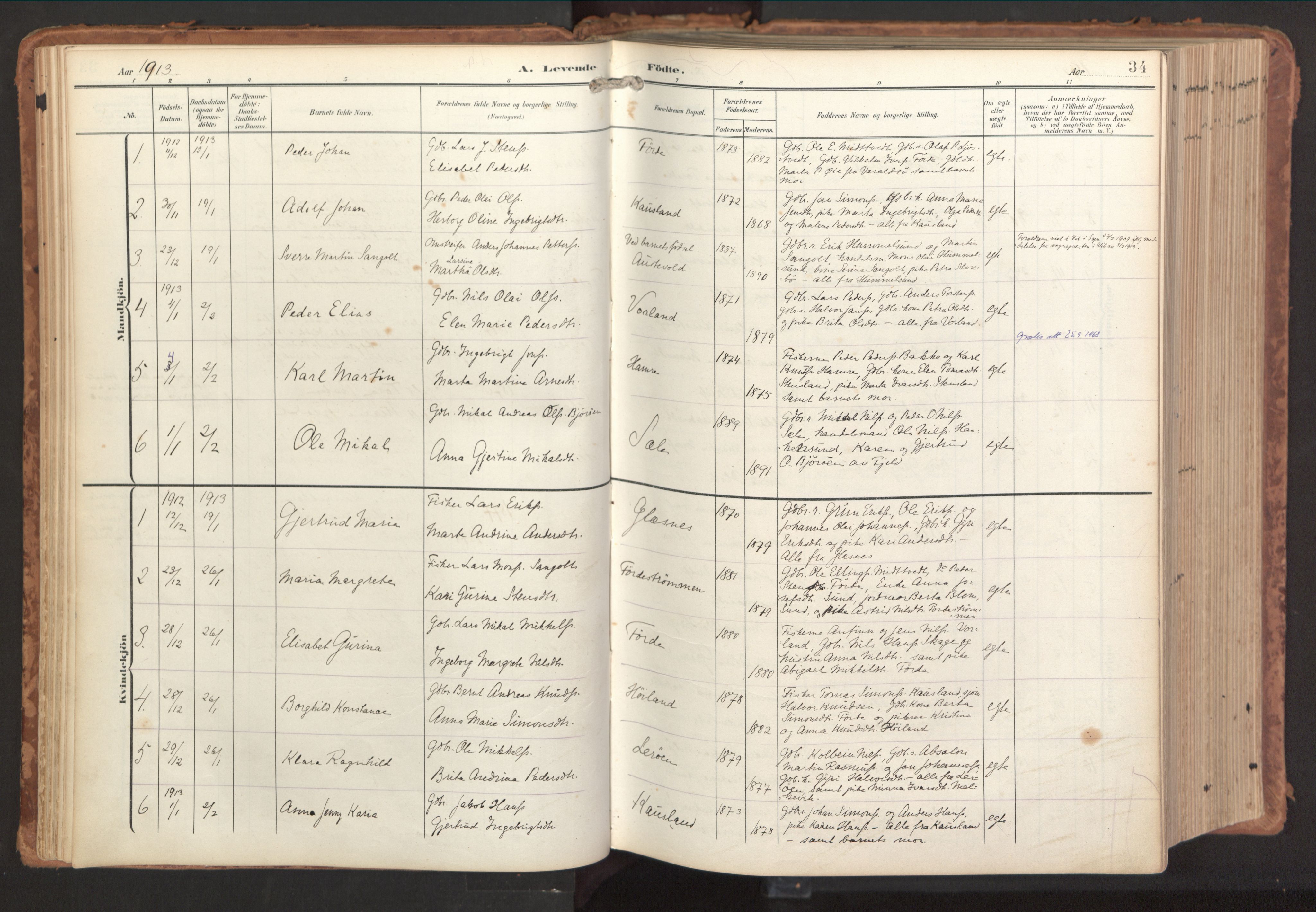 Sund sokneprestembete, AV/SAB-A-99930: Parish register (official) no. B 2, 1907-1926, p. 34