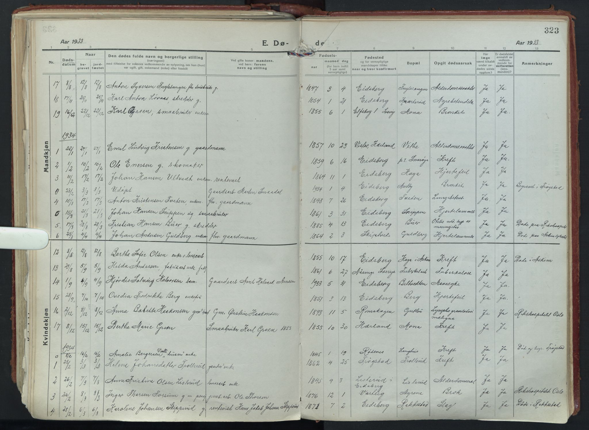 Eidsberg prestekontor Kirkebøker, SAO/A-10905/F/Fa/L0015: Parish register (official) no. I 15, 1920-1937, p. 323