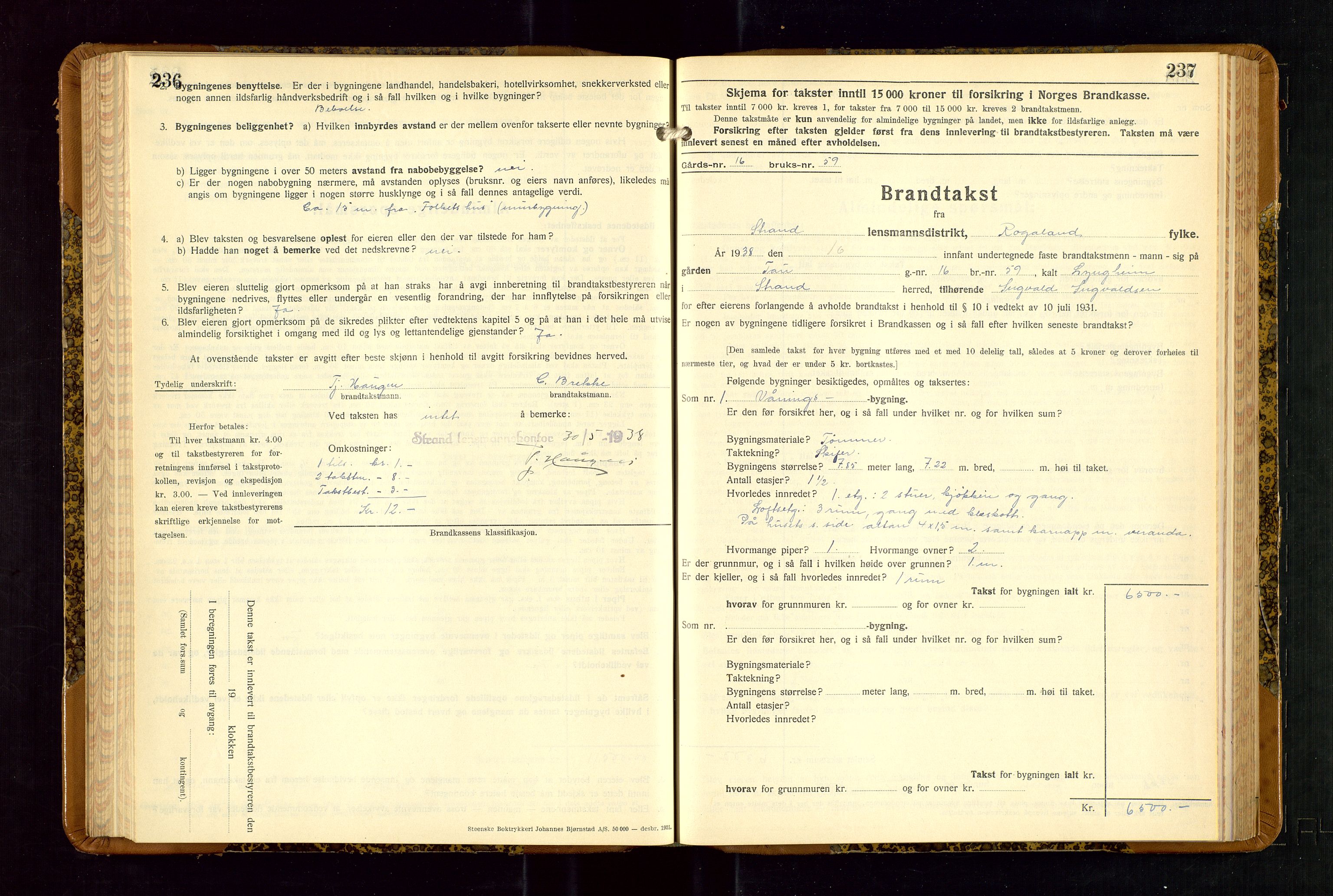 Strand og Forsand lensmannskontor, SAST/A-100451/Gob/L0001: Branntakstprotokoll, 1935-1942, p. 236-237