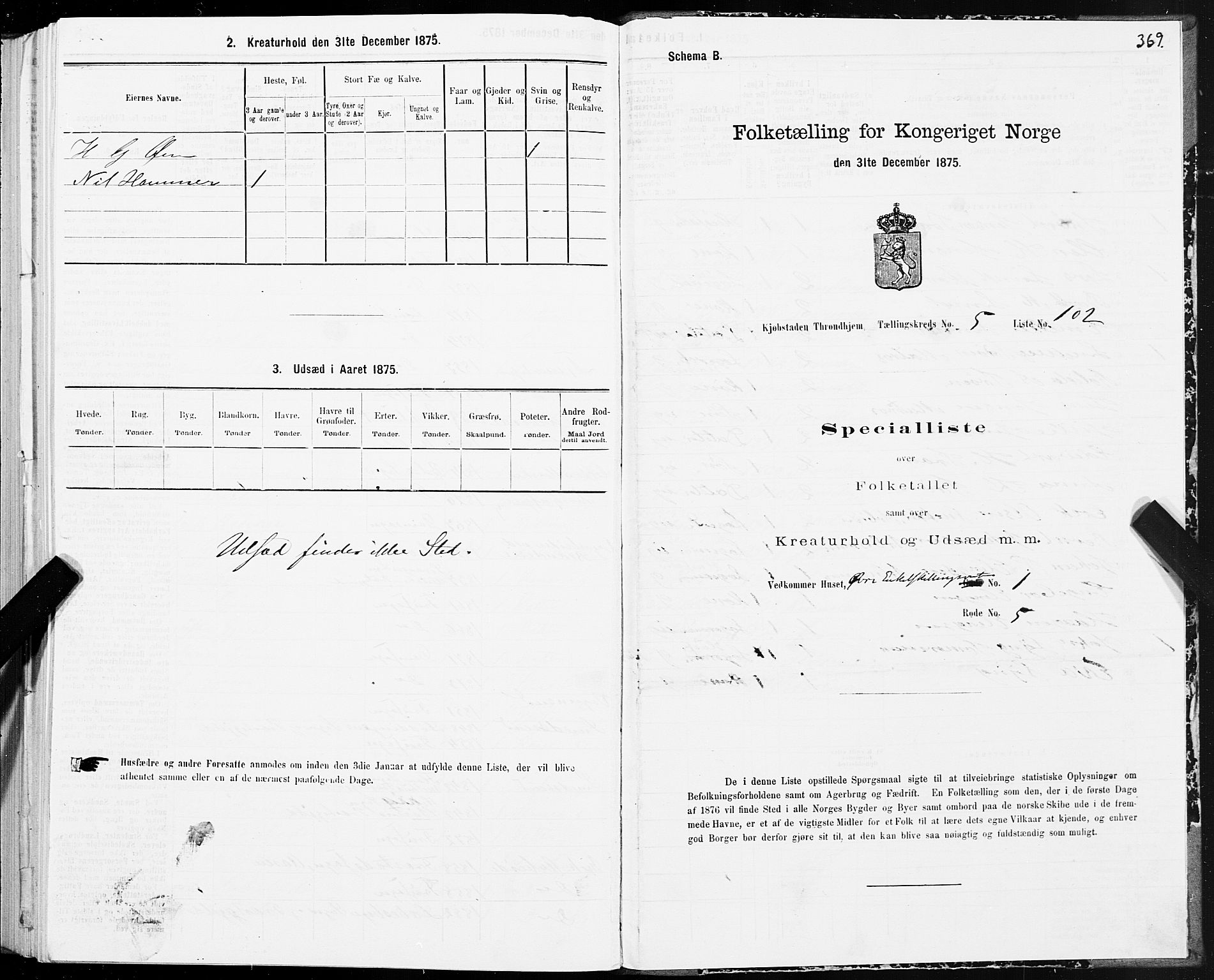 SAT, 1875 census for 1601 Trondheim, 1875, p. 3369